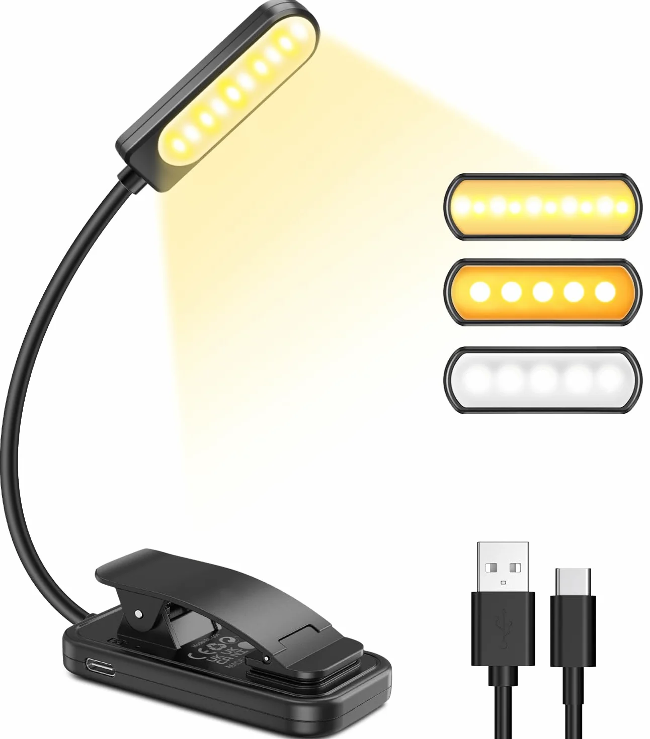 GARITE Lampka LED do Czytania z Klipsem - 10 Diod LED, Ściemniana, 3 Tryby Jasności (Ciepła, Biała i Mieszana), Ładowalna