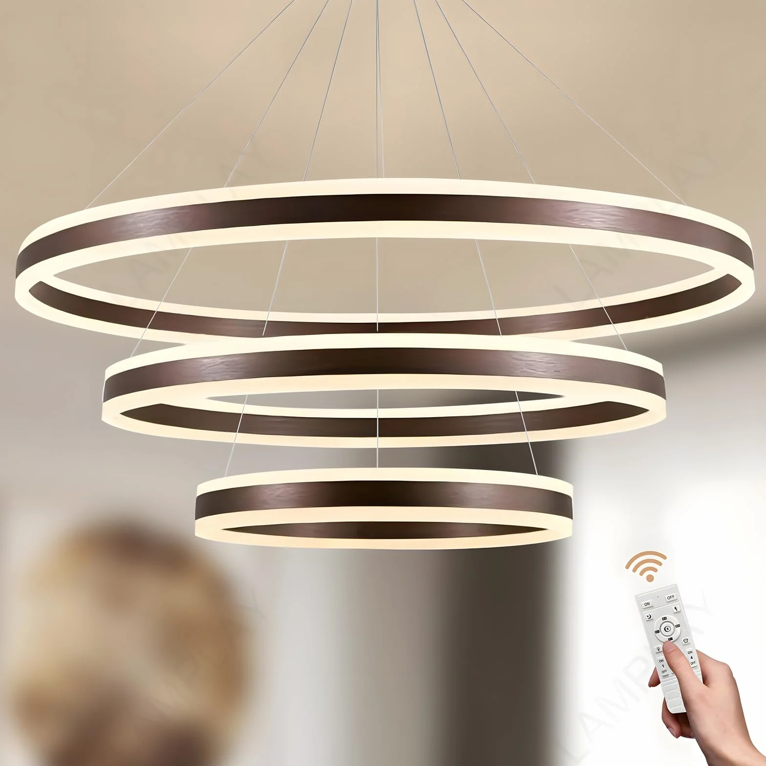 Okrągła Nowoczesna Lampa Wisząca LED, 3 Brązowy Żyrandol Pierścieniowy, Ściemniana Za Pomocą Pilota 3000K-6000K Lampa Sufitowa, Regulowana Wysokość, Salon Sypialnia Jadalnia (60+80+100cm)