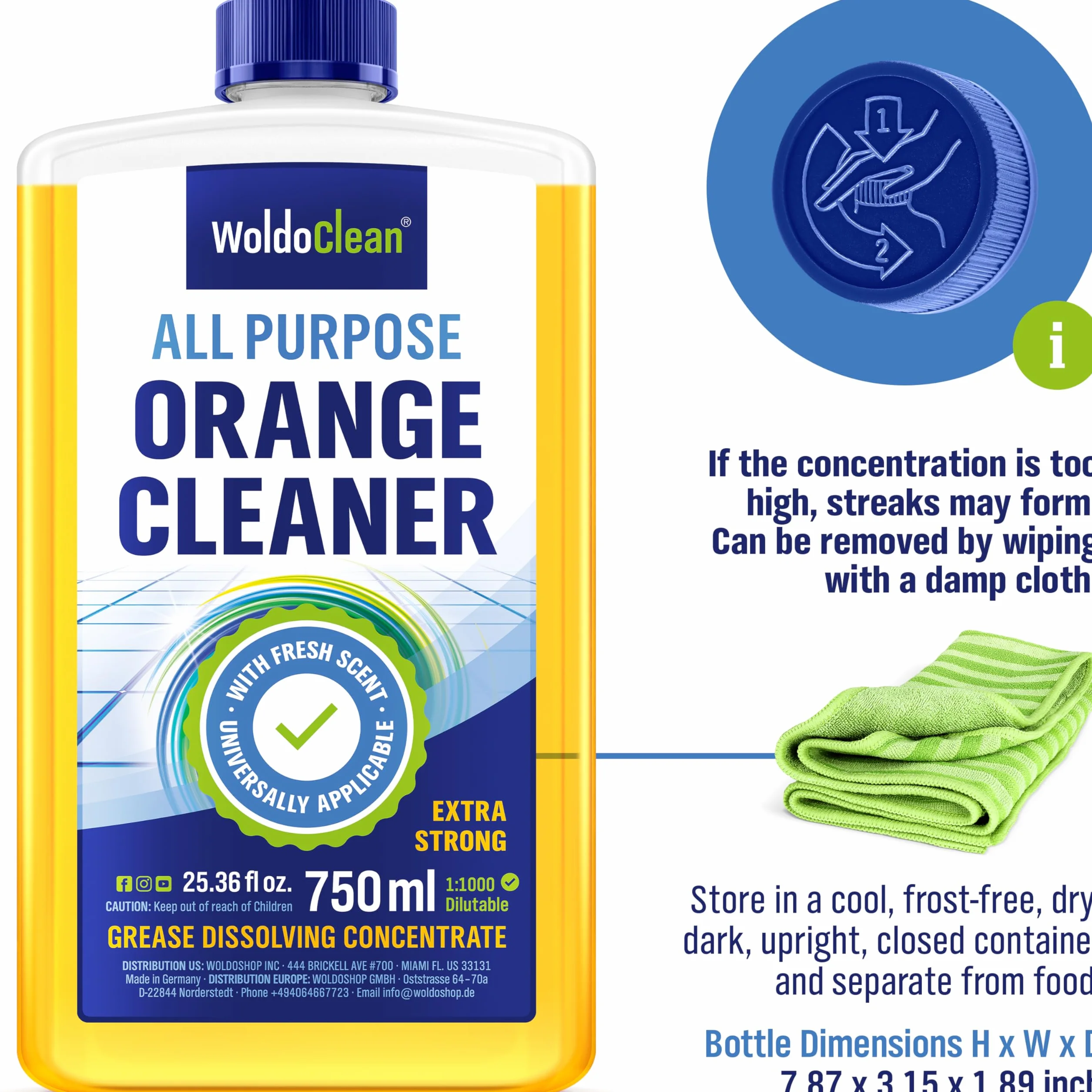 WoldoClean Płyn Pomarańczowy Koncentrat 750ml - Olejek Pomarańczowy & Odtłuszczacz, Usuwa Klej, Żywicę, Gumę & Etykiety, Uniwersalny do Kuchni