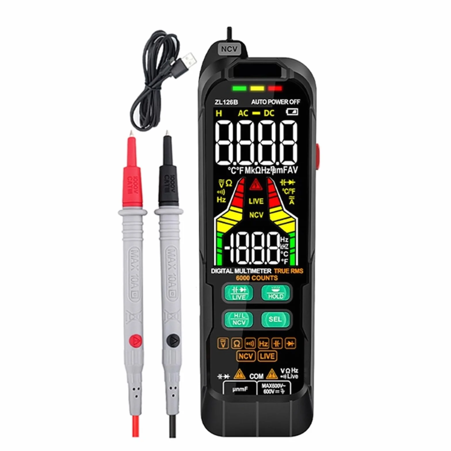 Cyfrowy Profesjonalny Multimetr 9999 T-RMS LCD DC AC Tester Napięcia Prądu Dioda Pojemnościowa Usb Szybko Dokładnie Łatwy Odczyt(126B)