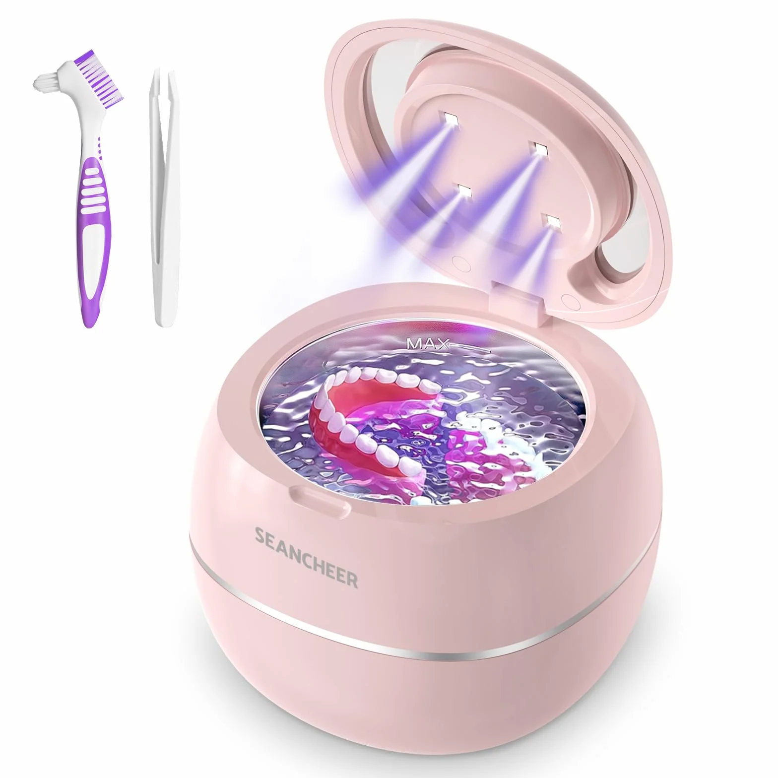 SEANCHEER Urządzenie Do Czyszczenia Ultradźwiękowego | 48000Hz | 24W | 180ML | Czyścik Ultradźwiękowy z lampą UV Do | Protez | Retainerów | Alignerów | Szyn Zębowych | Biżuterii | (Różowy)