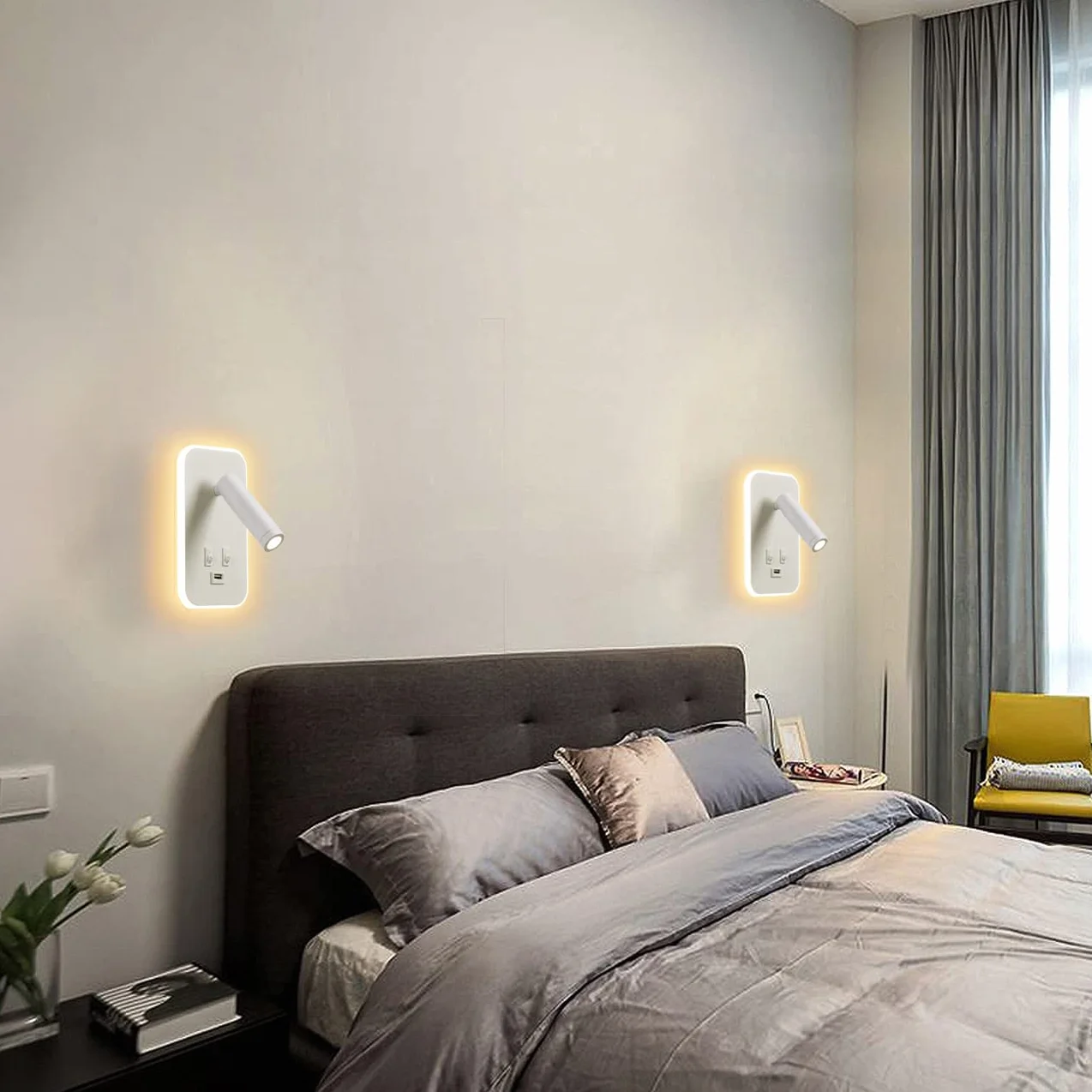 LED Kinkiet, z Przełącznikiem, z portem ładowania USB, 350°Obrotowa Lampka Nocna Nowoczesna Lampa do Czytania Lampa Ścienna Ciepłe Białe Światło 3W 3100K+9W 6000K do sypialni, nauka (Biały)
