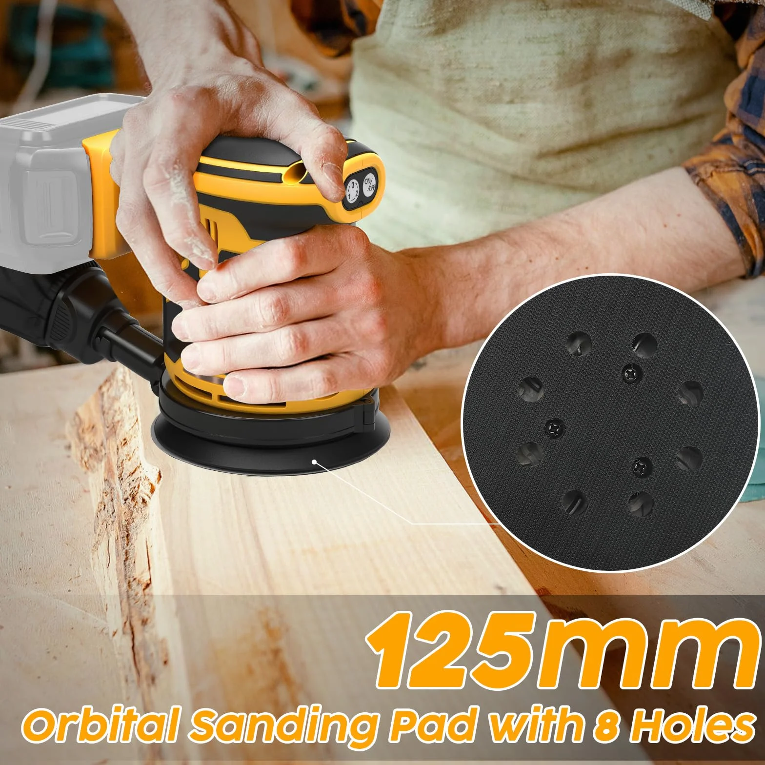 Akumulatorowa szlifierka mimośrodowa, 125 mm, profesjonalna szlifierka mimośrodowa do Dewalt 18 V, akumulator 20 V, 11 000 obr./min, 3 poziomy wydajności z 15 papierem ściernym (bez akumulatora)