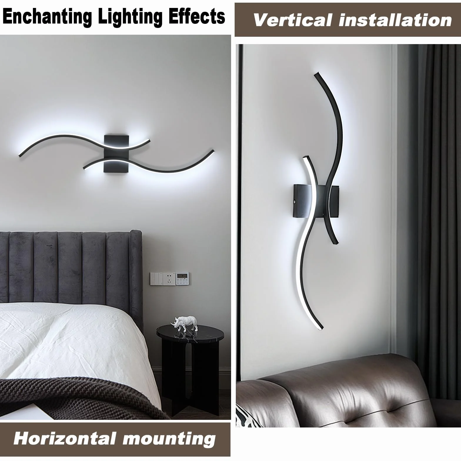 Comely Wewnętrzny Kinkiet LED 27W Nowoczesna Lampa Ścienna - 80 CM Czarny Zakrzywiony Wzór Oświetlenie Ścienne Do Korytarza Salonu Sypialni Schodów Kuchni, 6500K Zimne Światło