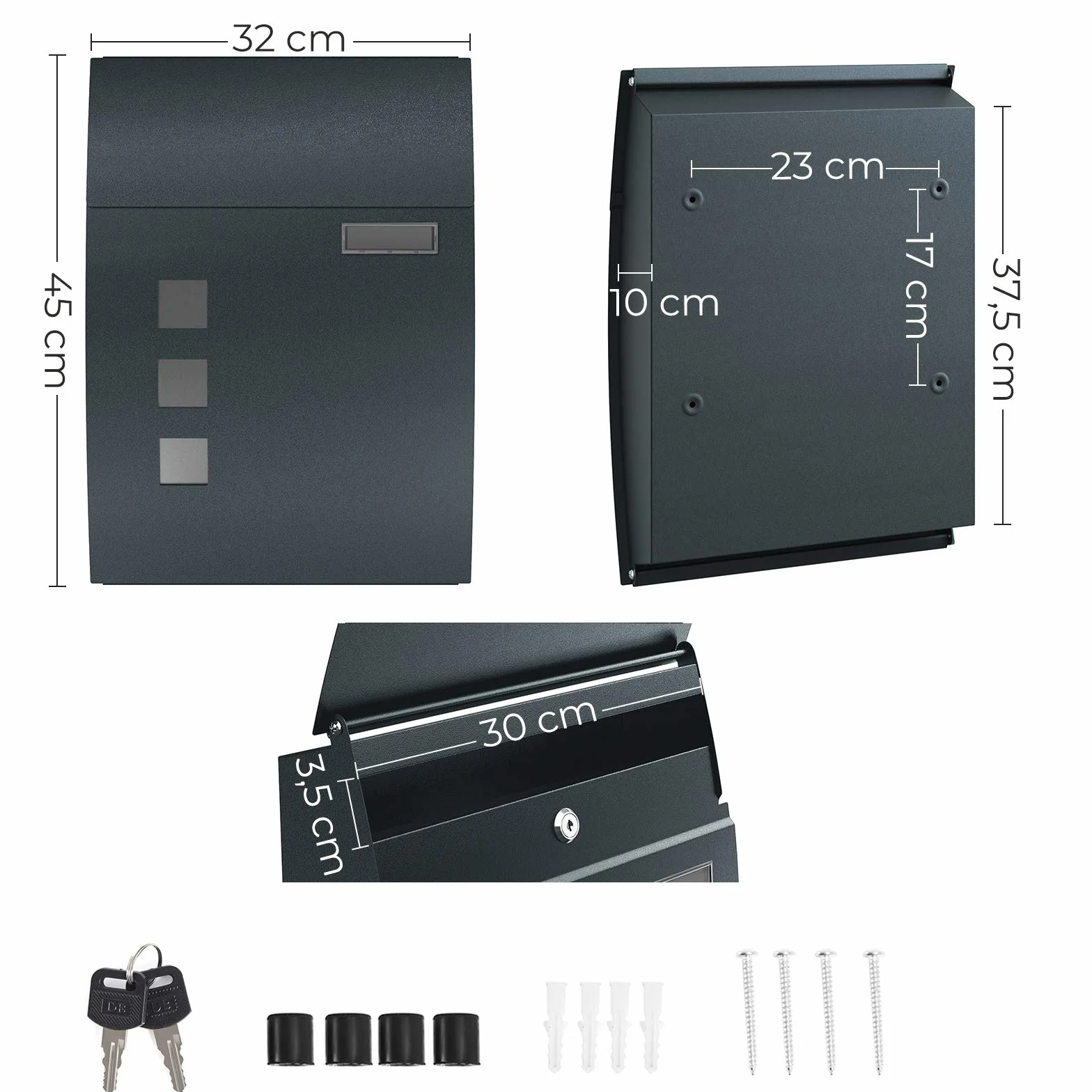 SONGMICS GMB030G02 Skrzynka pocztowa, naścienna, zamykana, z okienkiem, tabliczka z imieniem, z kluczami, łatwa w montażu, antracytowa