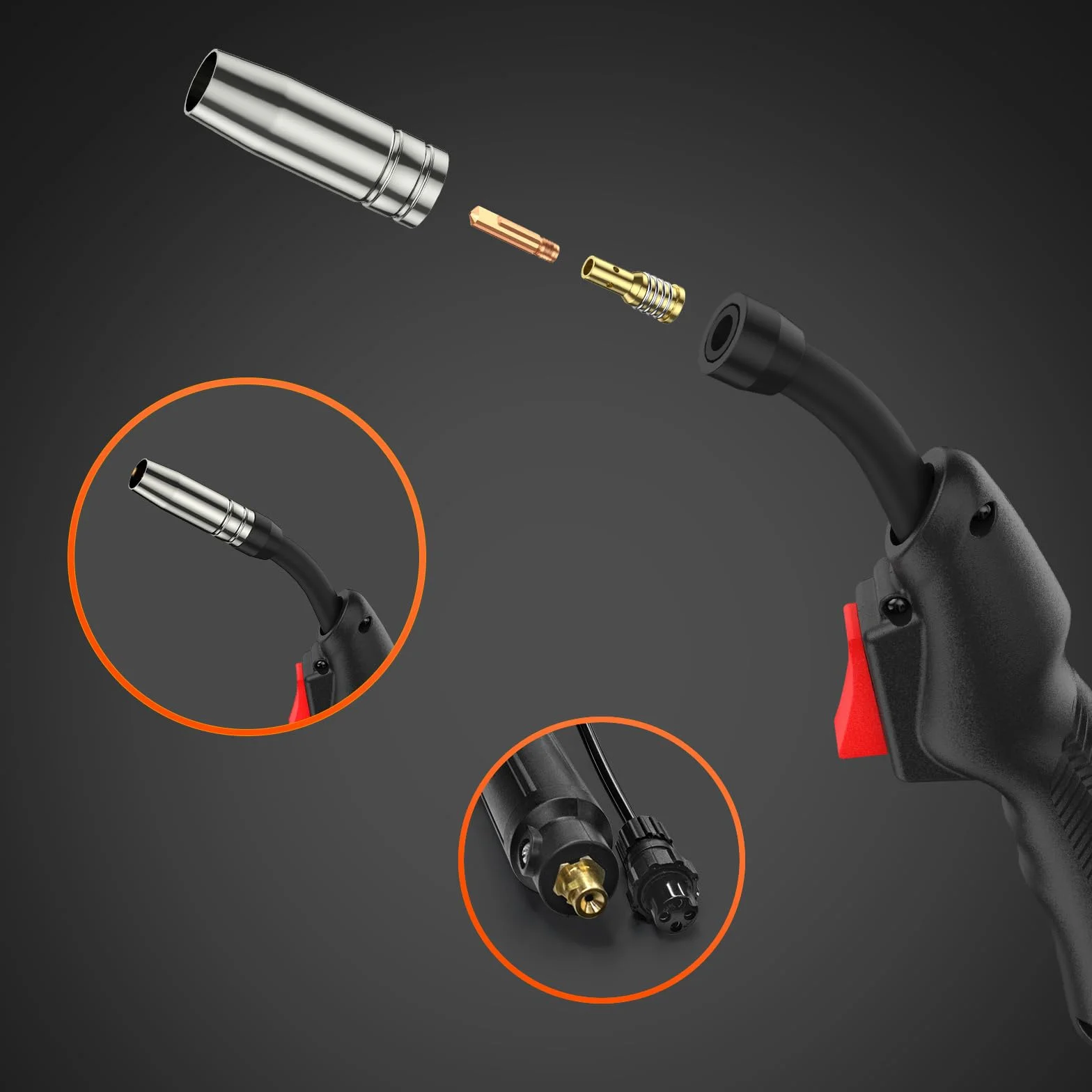 HITBOX MIG Palnik spawalniczy MB14AK, wąż 2,5 m ze złączem euro, kabel aluminiowy pokryty miedzią 16 mm², wtyczka lotnicza GX16-04, końcówki stykowe 0,8 mm i 1,0 mm, akcesoria do spawania MIG
