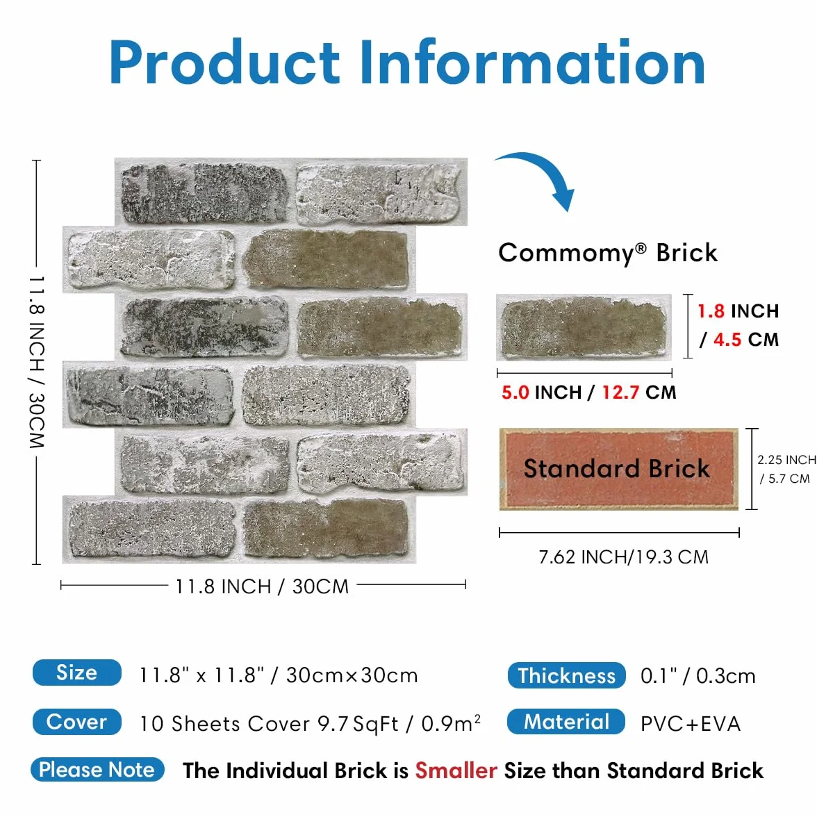 COMSTICKC Panele dekoracyjne na ściany - 10 sztuk 30x30 cm, samoprzylepne panele 3D z efektem cegły, ultralekkie PVC do wnętrz - salon, łazienka, kuchnia (Brązowy szary)