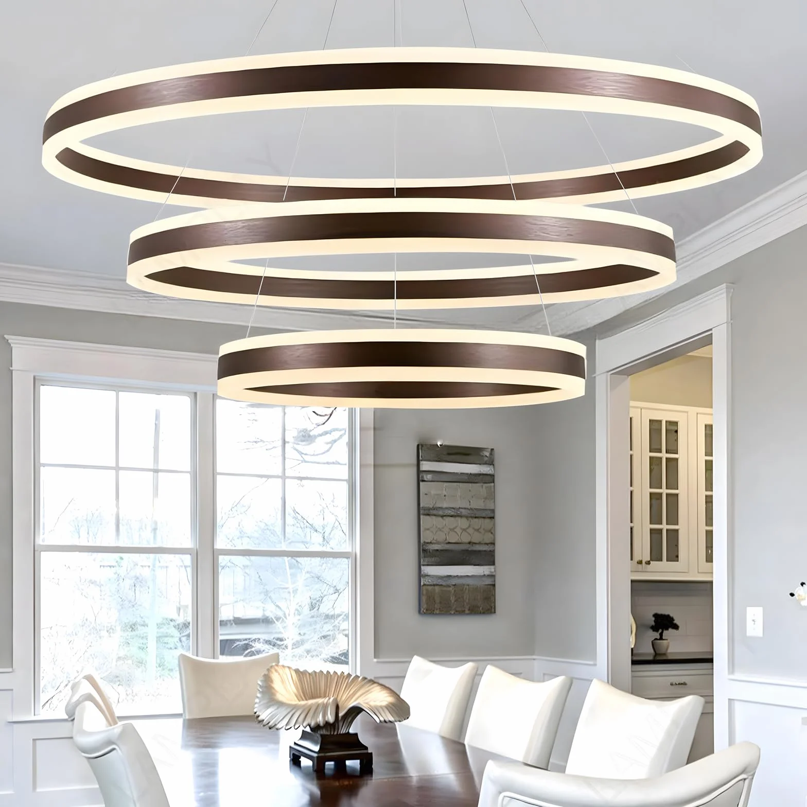 Okrągła Nowoczesna Lampa Wisząca LED, 3 Brązowy Żyrandol Pierścieniowy, Ściemniana Za Pomocą Pilota 3000K-6000K Lampa Sufitowa, Regulowana Wysokość, Salon Sypialnia Jadalnia (60+80+100cm)