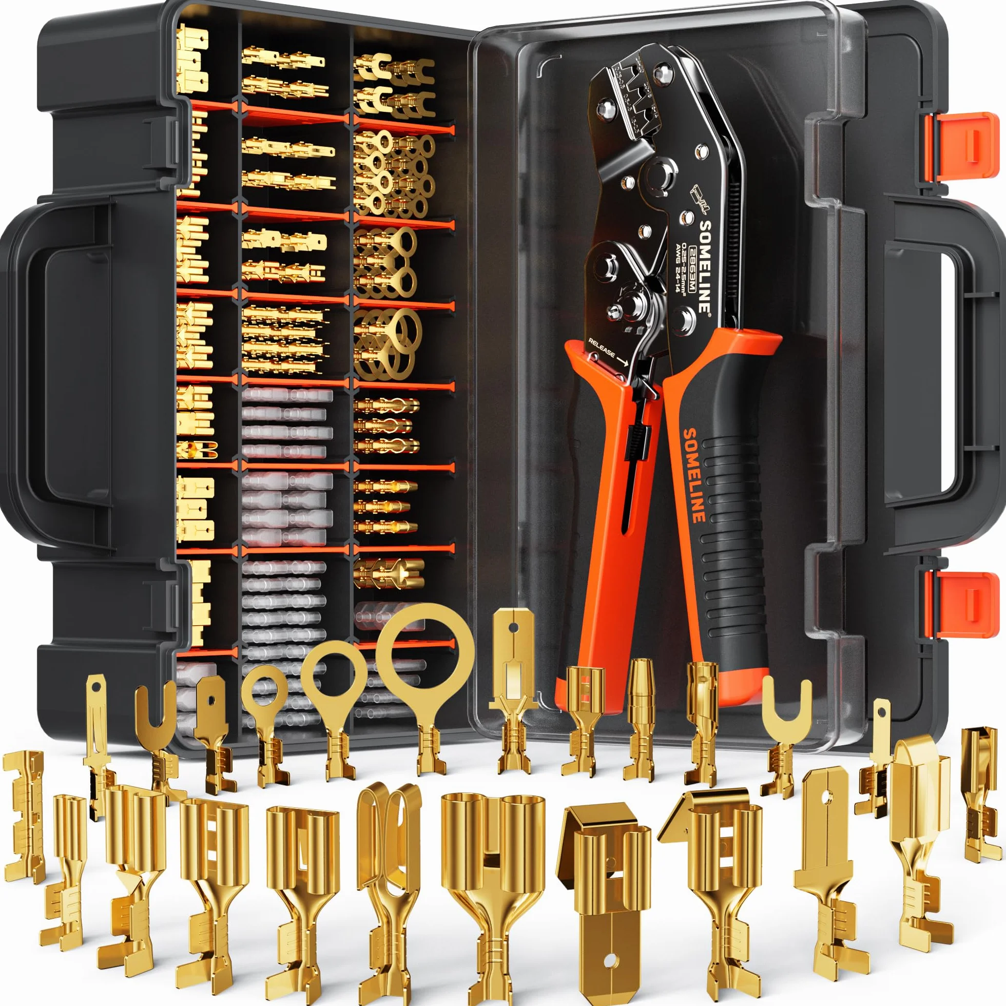 SOMELINE Szczypce do Zaciskania Zestaw Gniazd Płaskich Narzędzie do Zaciskania Zestaw Końcówek Kablowych z 24 Rodzaje 0,25-2,5 mm², złącza kablowe Crimp Tool Zestaw szczypiec do zaciskania