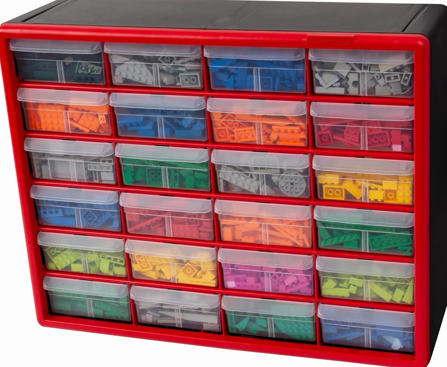 Akro-Mils 10124 Plastikowa Szafka z 24 Szufladami - Organizator Do Przechowywania, Lego, Narzędzia, Makijaż i Inne, 50 cm Szer. x 15 cm Gł. x 40 cm Wys., Czerwona