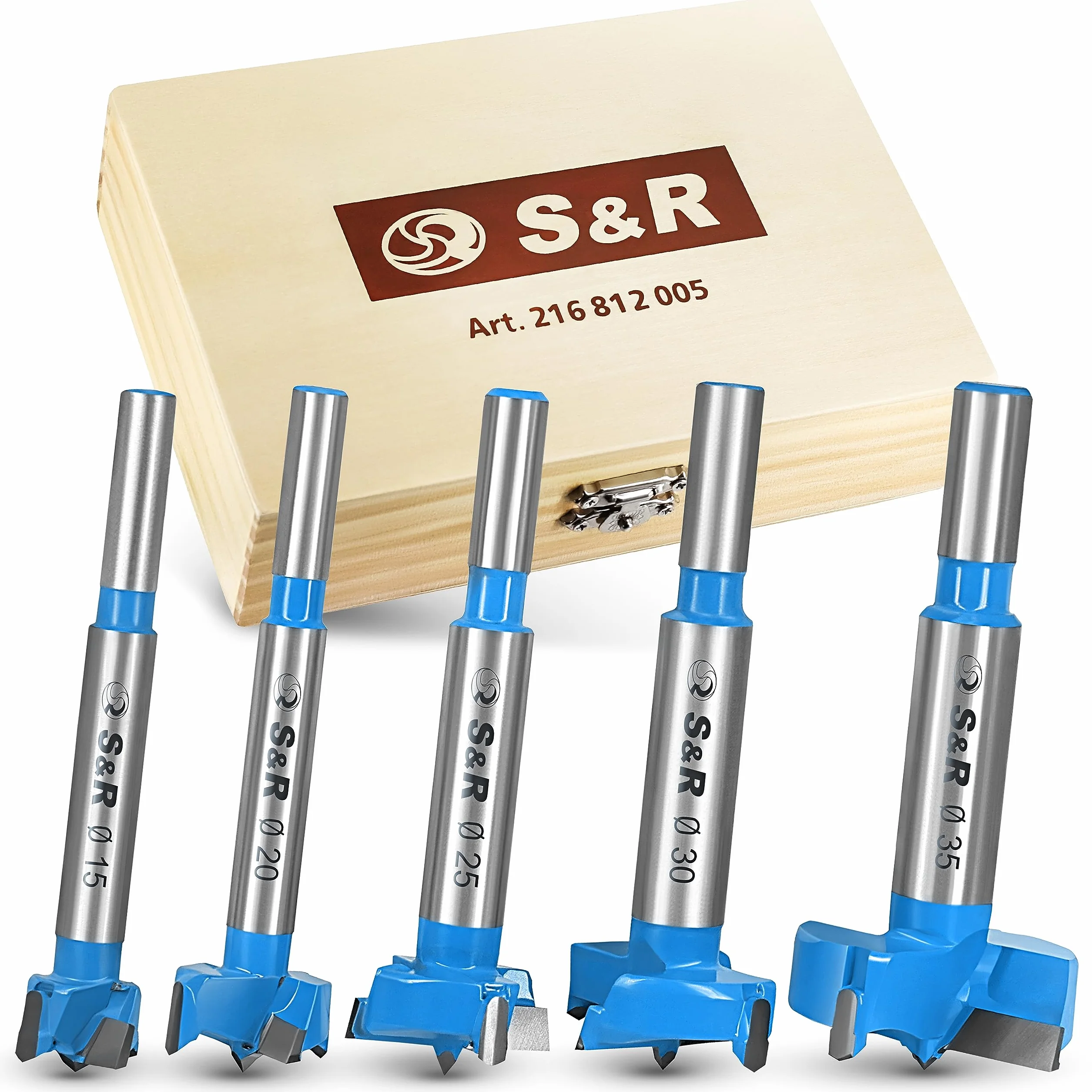 S&R Zestaw wierteł na drewno Forstner. Zestaw 5 wierteł Forstner 15, 20, 25, 30, 35 mm. Frezy do obróbki drewna miękkiego. Okrągła cholewka.