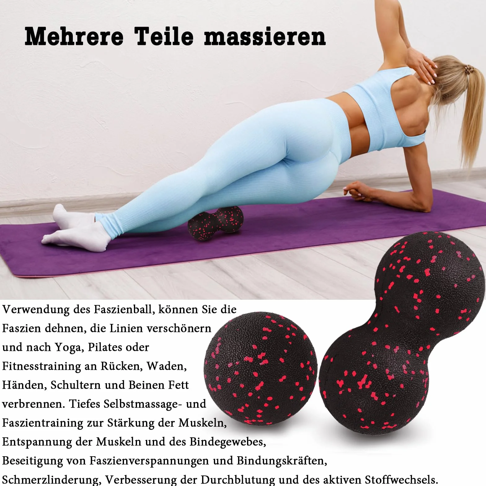 Piłka do samodzielnego masażu, Blackball, podwójna piłka do masażu powięzi, rolka mięśni kręgosłupa, akupresura, zapalenie powięzi podeszwowej, refleksologia (czerwona)