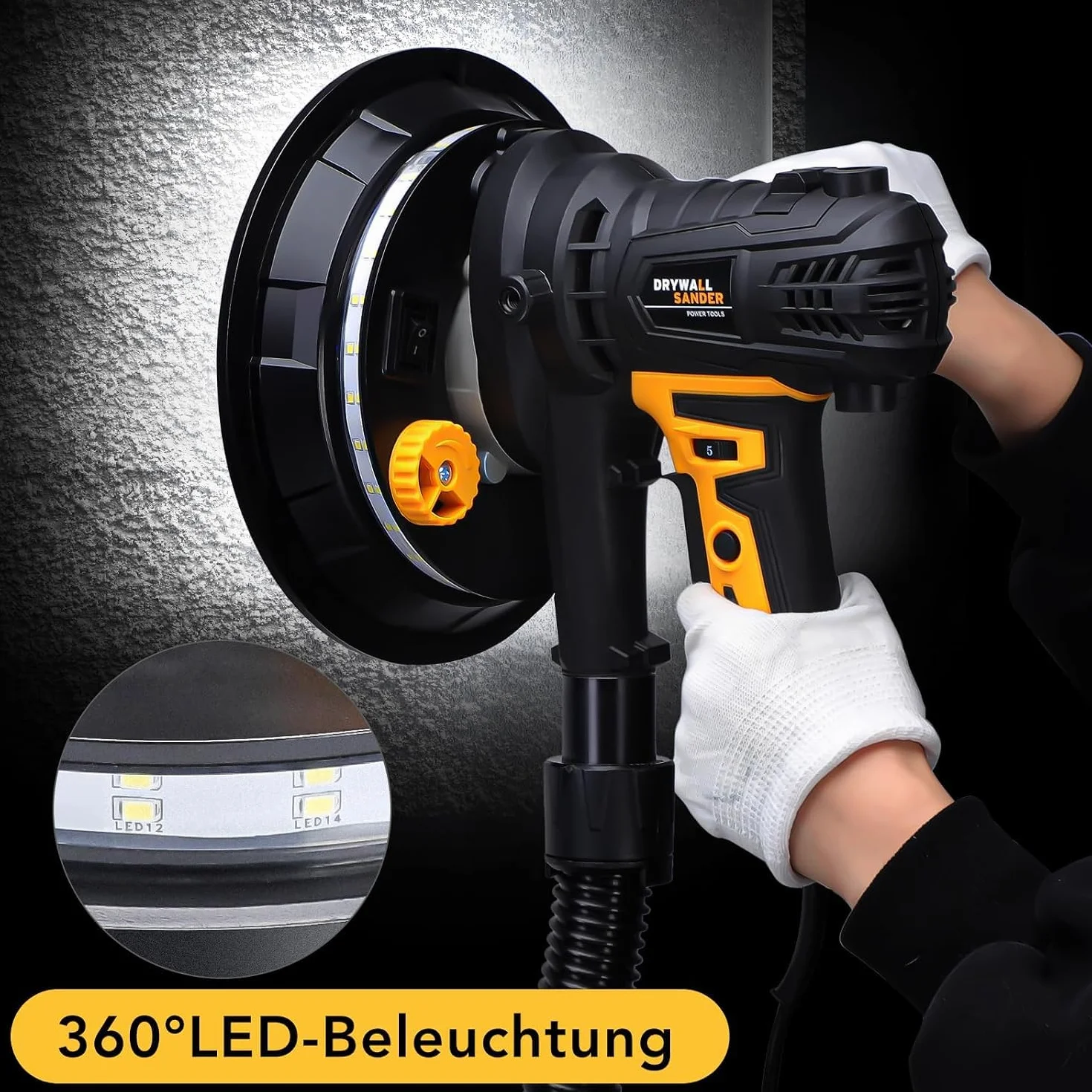 Szlifierka do płyt kartonowo-gipsowych (900 W), 1400-2700 obr./min szlifierka elektryczna do ścian, szlifierka ścienna z odkurzaczem, światła LED, worek na kurz i wąż oraz 12 tarcz szlifierskich