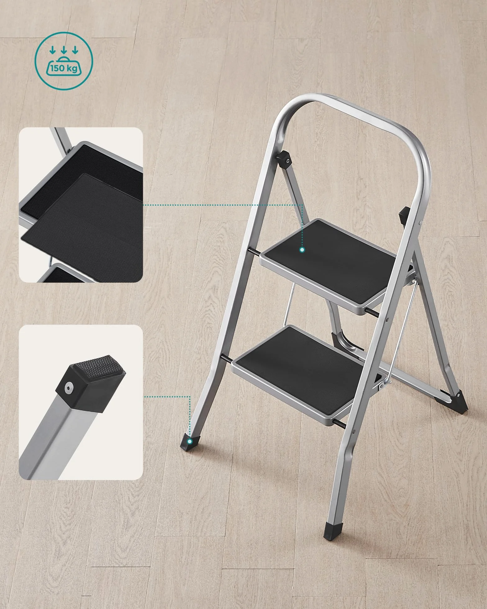 SONGMICS Drabina schodkowa, drabina z 2 stopniami, składane zabezpieczenie, łatwa do przechowywania, obciążenie do 150 kg, gołębi szary GSL012G01