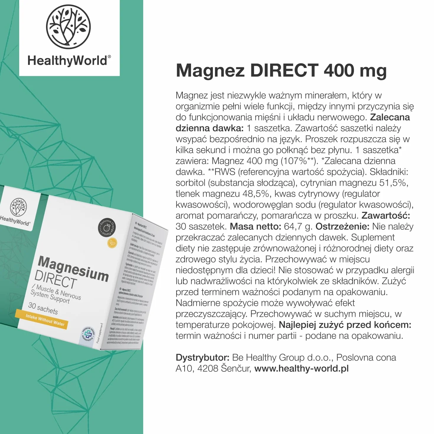 Magnez DIRECT 400 mg cytrynian tlenek 30 saszetek pomarańczowy - wsparcie mięśni i układu nerwowego