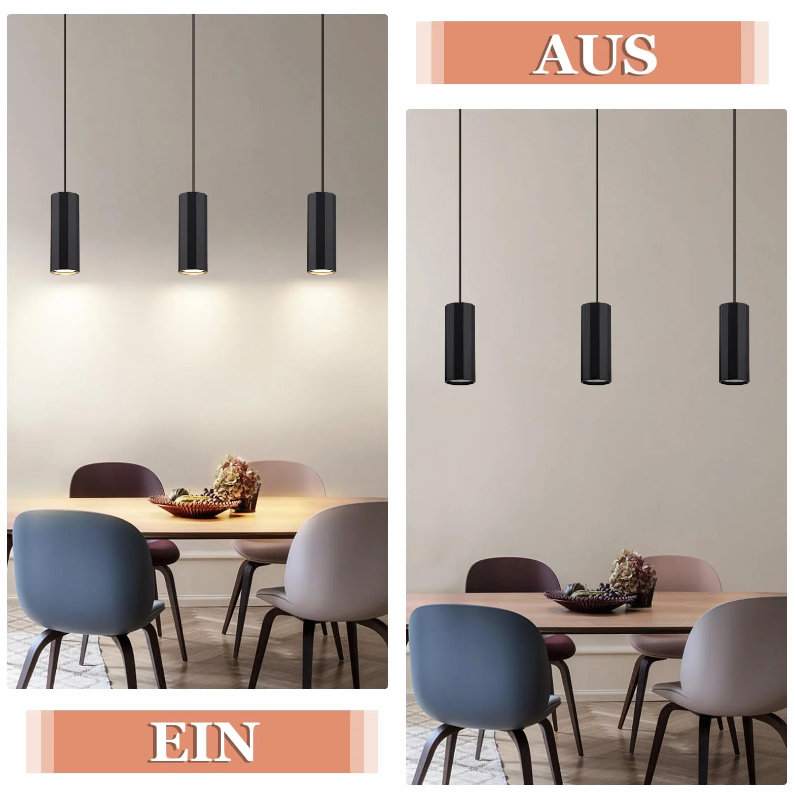 Glitzerlife Lampa wisząca 3-płomienna Stół jadalny Czarny - Lampa wisząca GU10 Salon Nowoczesna lampa industrialna do jadalni Wisząca metalowa lampa wisząca do kuchni Sypialni Jadalni