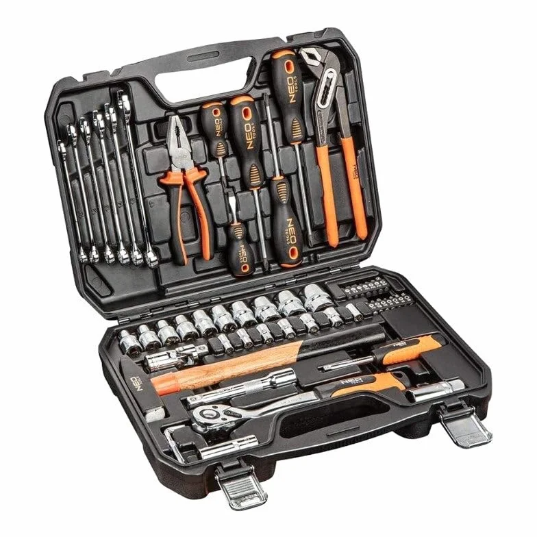 Neo Tools 08-684 uniwersalny zestaw narzędzi, czworokąt 1/4'', 1/2'', stal CrV i S2, uniwersalna skrzynka narzędziowa, zestaw kluczy nasadowych, 56 części