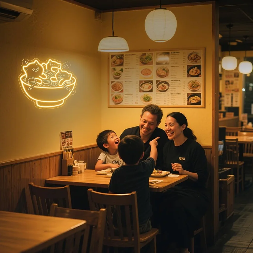 Światła LED z motywem kota, ramen, kawaii, anime, podświetlany znak do restauracji, domu, baru, kuchni, sypialni, japońskiego sklepu, makaronu, ściemniany, neonowy, prezent dla miłośników kotów