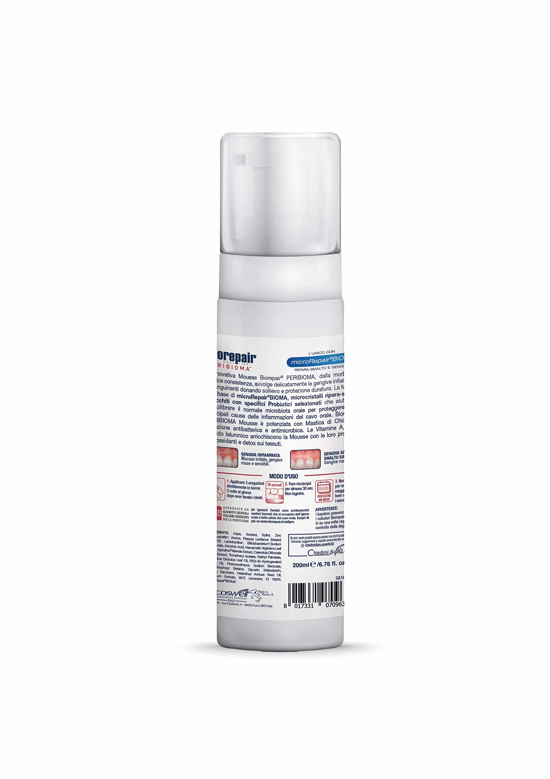 Biorepair, Peribioma™ mus do płukania jamy ustnej, płyn do płukania jamy ustnej, do zapalenia dziąseł, antybakteryjny, zmywacz do paznokci, format 200 ml