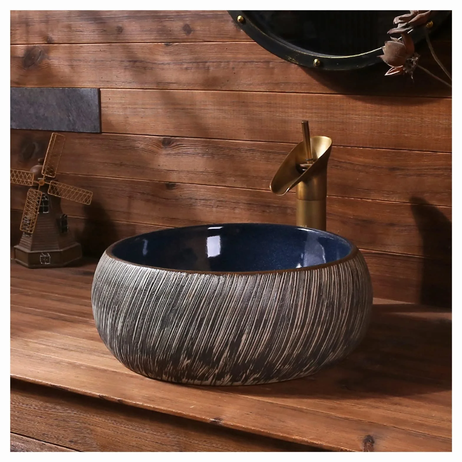 Okrągła Umywalka Porcelanowa Nablatowa, Modna Umywalka Łazienkowa Z Artystyczną Misą, Umywalka Nablatowa Ceramiczna Z Baterią I Odpływem, Szczotkowana, Teksturowana