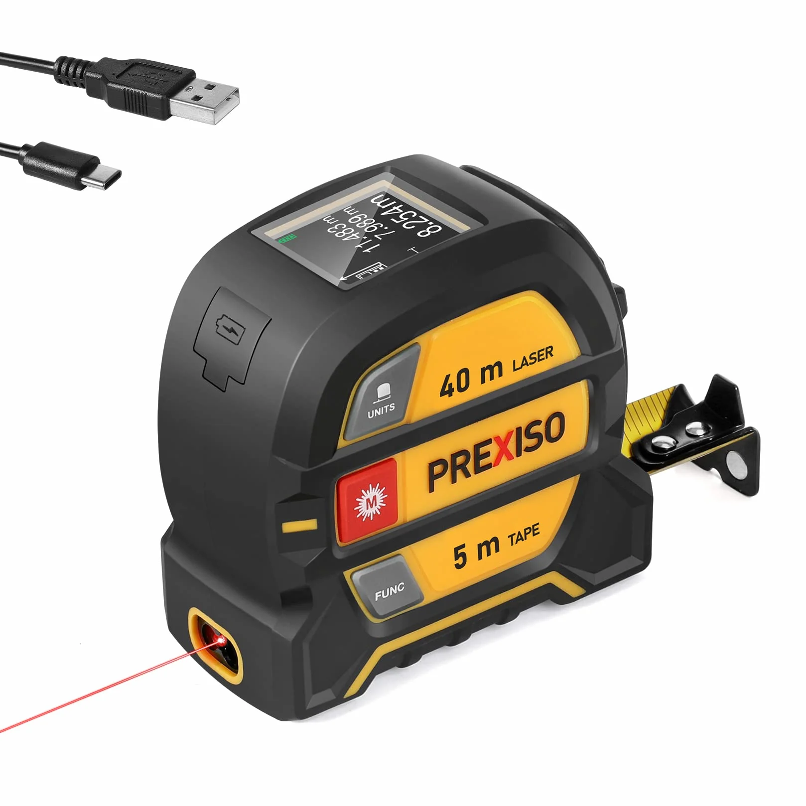 PREXISO Dalmierz Laserowy 40 m, Cyfrowy z Podświetleniem LCD M/In/Ft, Ładowalny z Taśmą 5 m, Pomiar Pitagorasa/Odległości/Powierzchni/Objętości