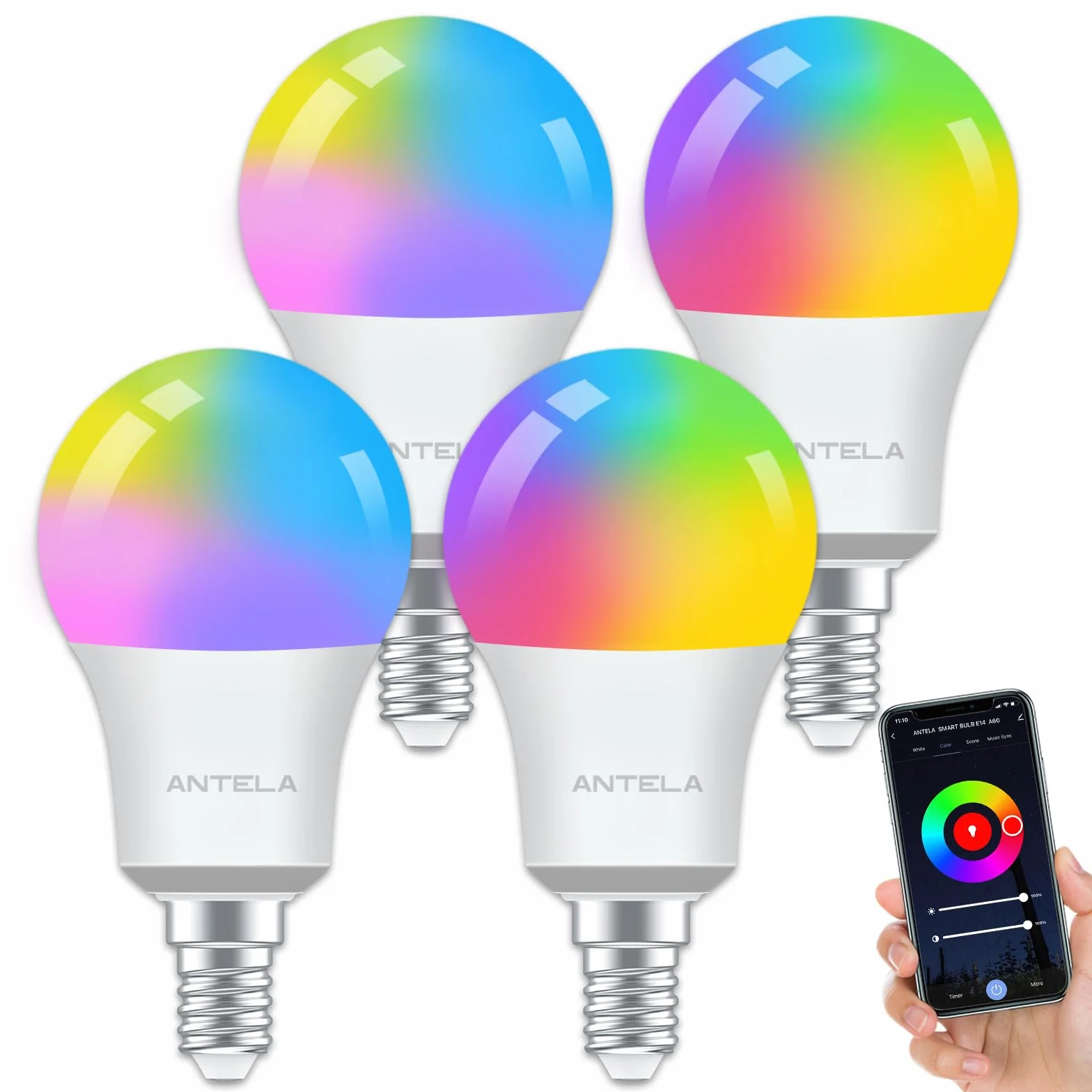ANTELA E14 Inteligentna żarówka LED WiFi 806 lm, 16 milionów kolorów, ciepłe zimne światło 2700 do 6500 K, kompatybilna z Alexa i Google Home, żywotność 15000 godzin, 4 szt