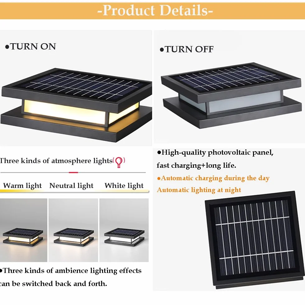 Zewnętrzne lampy solarne do słupków Ultra-cienkie lampy solarne LED o zmiennej intensywności, zewnętrzna latarnia na ścieżki, taras i ogród, matowa czerń