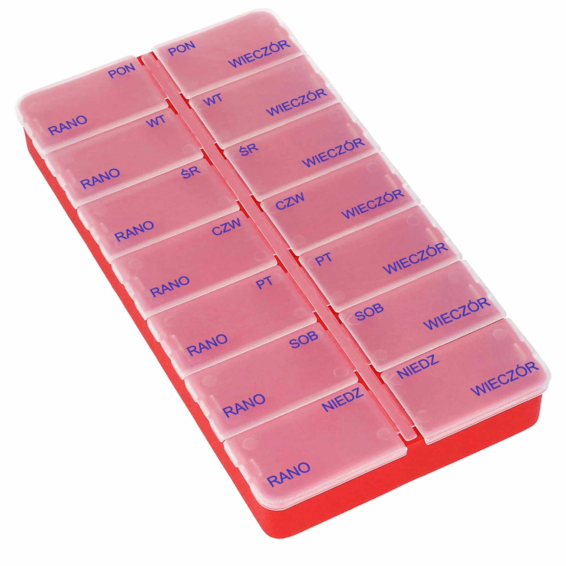 COM-FOUR® Dozownik do leków w języku POLSKIM 7 dni 2 sztuki czerwony niebieski