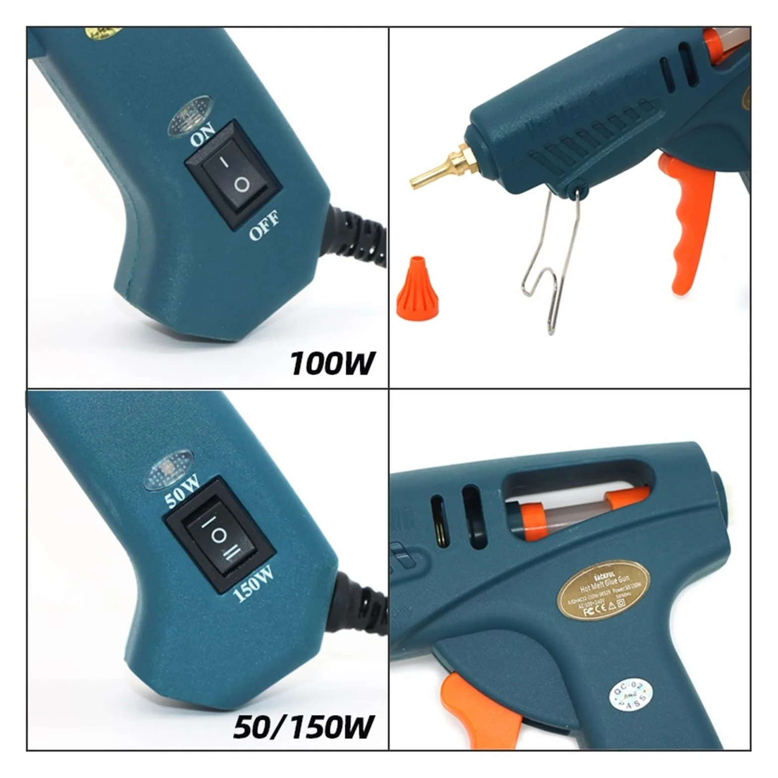 Pistolet do Kleju, Pistolet do klejenia na gorąco 50 W/150 W 100 W dysza miedziana do 11mm klej w sztyfcie rękodzieło domowe DIY klej gorący pistolet torba na narzędzia(4pcs Nozzles,100W)