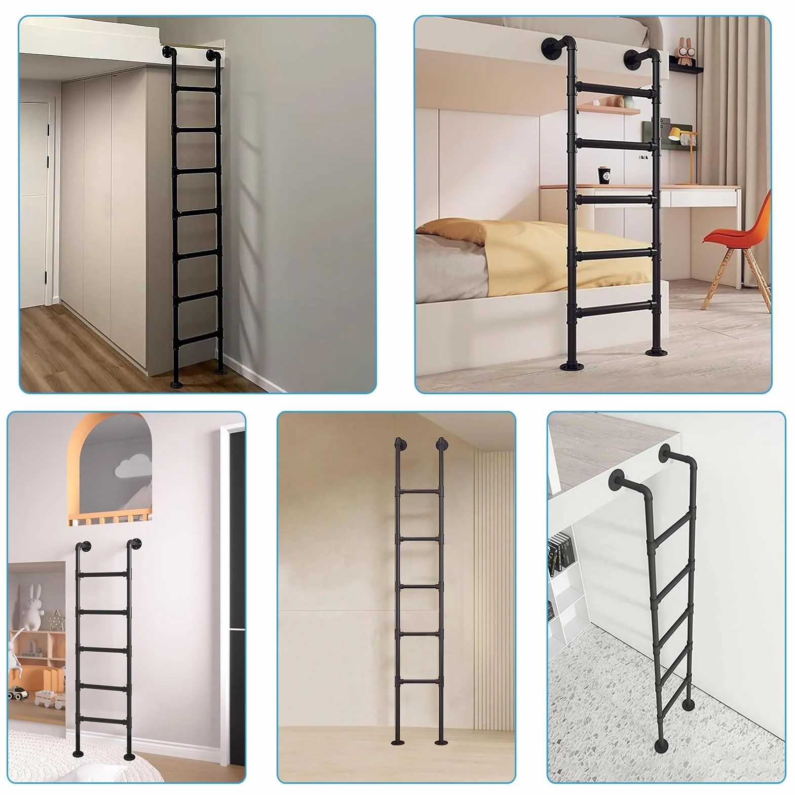 Czarna metalowa drabina do łóżka loftowego montowana na ścianie, schody strychowe drabiny wyjściowe do piwnicy, drabina balustradowa bezpieczeństwa, ładunki 150 kg drabina ewakuacyjna