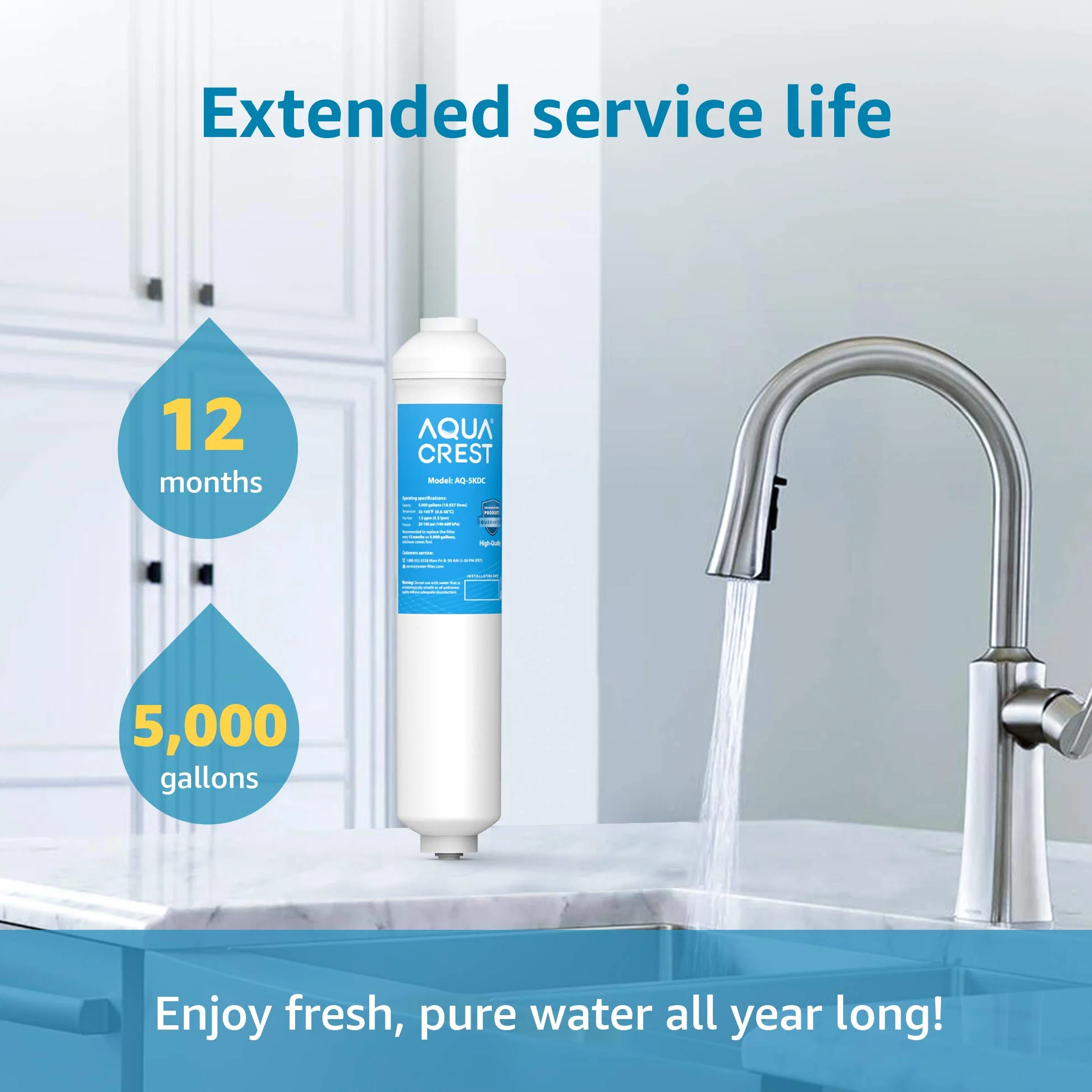 AQUACREST 5KDC Inline System Filtracji Wody Pod Zlewem, Bezpośrednie Połączenie, 12 Miesięcy Wysoka Pojemność