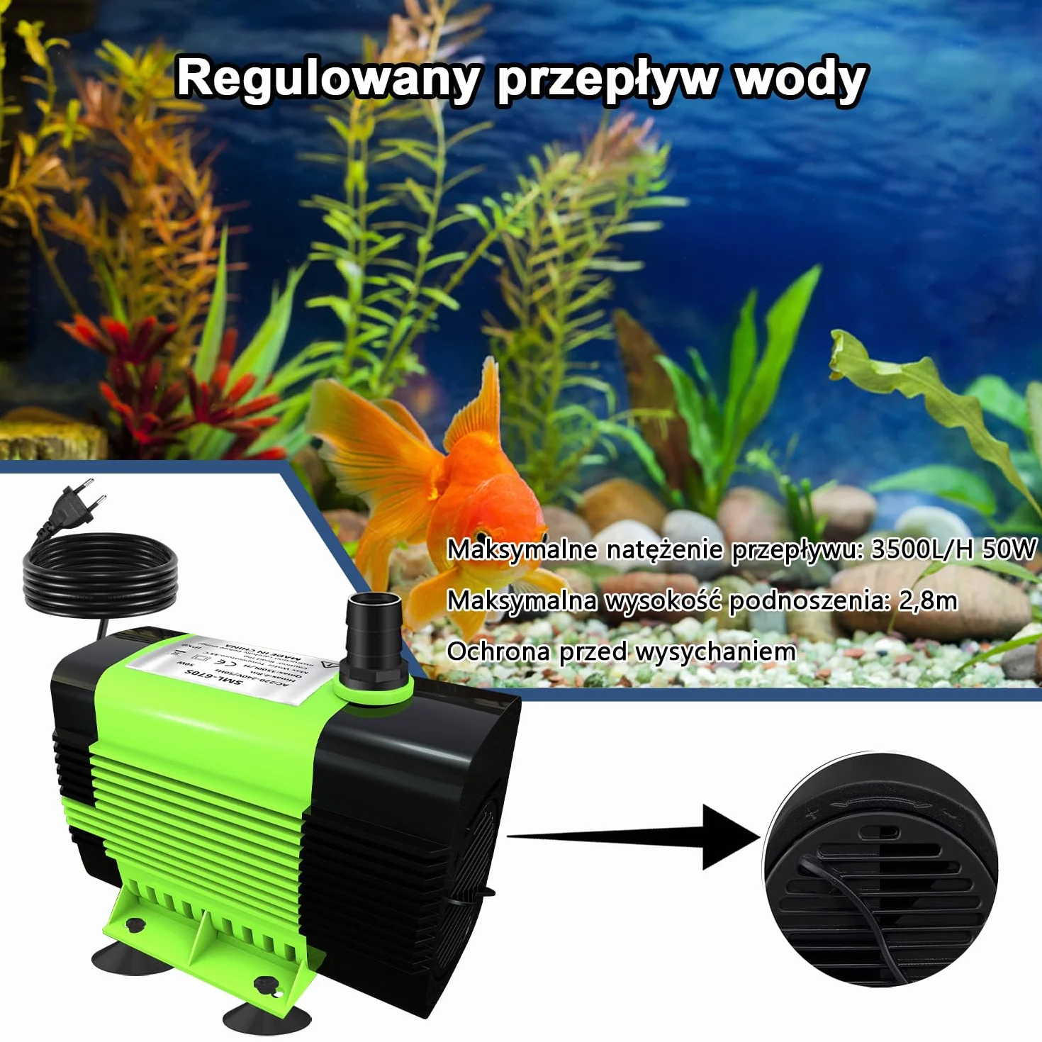 Pompa zanurzeniowa do wody Lnicez - wydajna mała pompa zanurzeniowa (50W 3500L/H) z pompą wodną do akwarium o wysokości podnoszenia 2,8 m, 5 dysz do fontann ściennych, rur, akwariumKabel 1,8 m