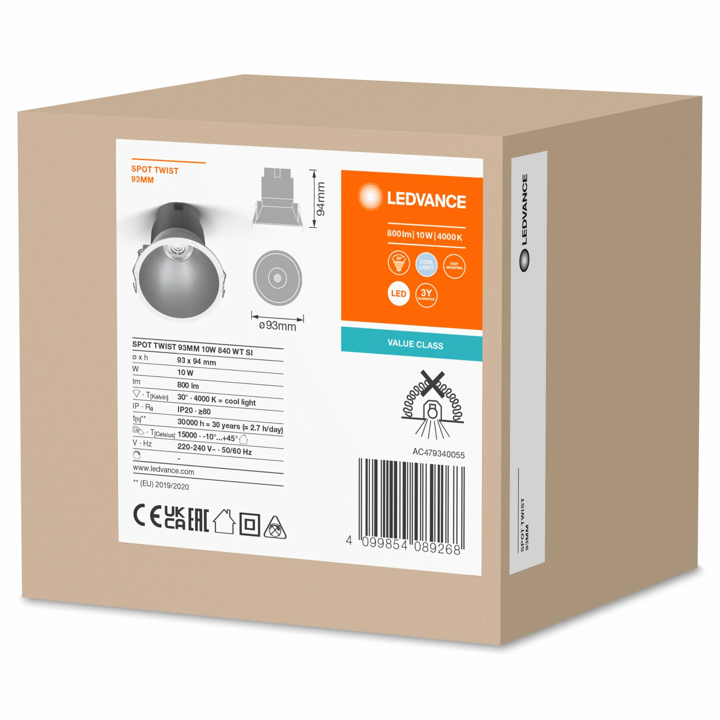 LEDVANCE Spot Twist Instalacja, Srebrne, 10W, 800LM, 840 Wt, Średnica 93 mm, Zimny Biały Kolor