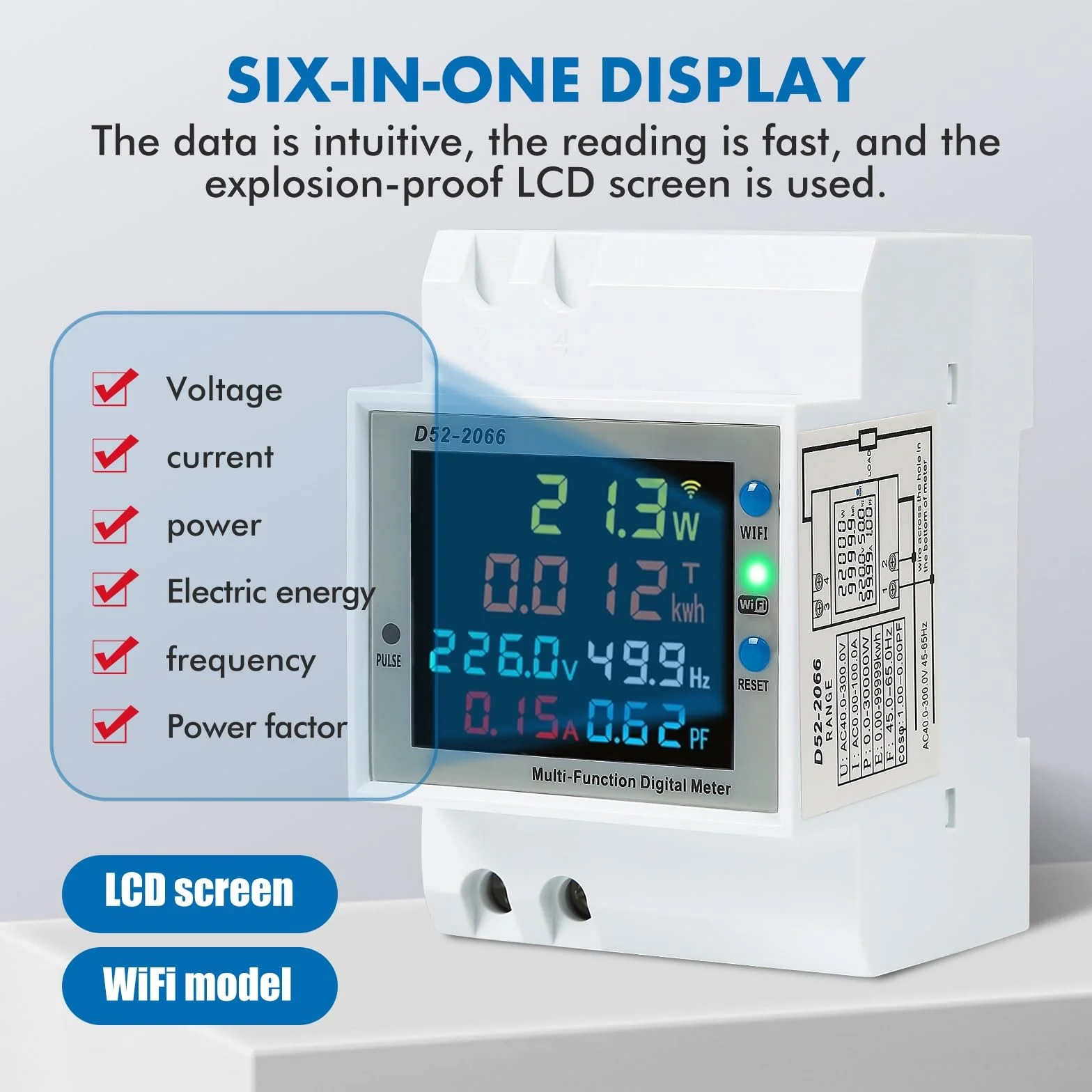 Jadeshay Inteligentny licznik prądu WiFi, szyna montażowa, 6 w 1, LCD, cyfrowy licznik prądu zmiennego, szyna montażowa, licznik KWh, AC40-300 V, 100 A, z wyświetlaczem LCD (wbudowany CT)