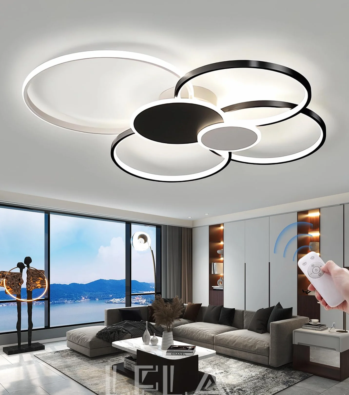 Ściemnialna lampa sufitowa LED Salon Nowoczesne oświetlenie sufitowe Kreatywna 6-pierścieniowa lampa sufitowa z pilotem Oświetlenie wnętrza Sypialnia Jadalnia Kuchnia Lampa (Czerń & Biały, 80cm)
