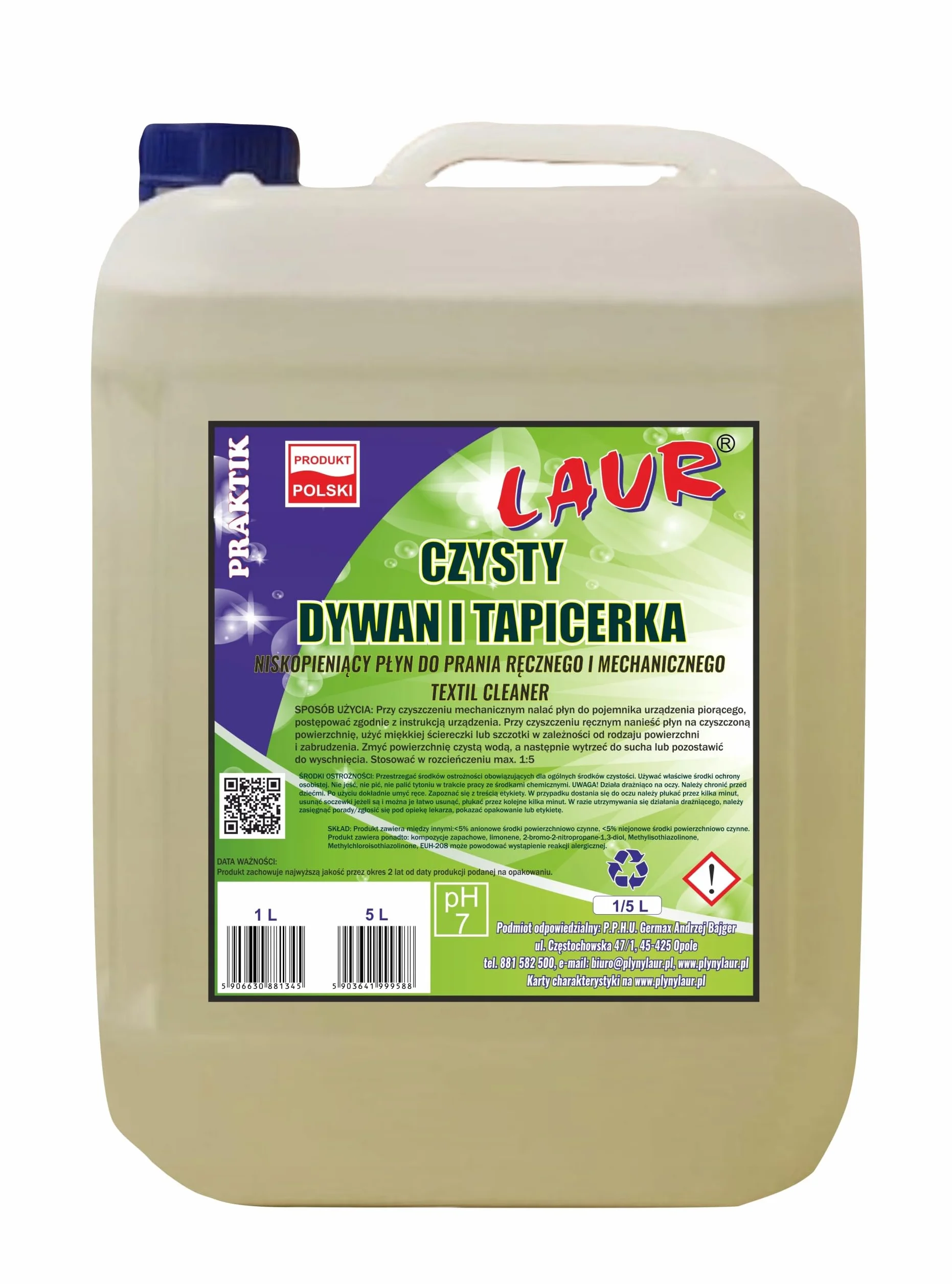 NISKOPIENIĄCY PLYN CZYSTY DYWAN I TAPICERKA TEXTIL CLEANER GREEN LAUR PRAKTIK LP-NCDT5 5L