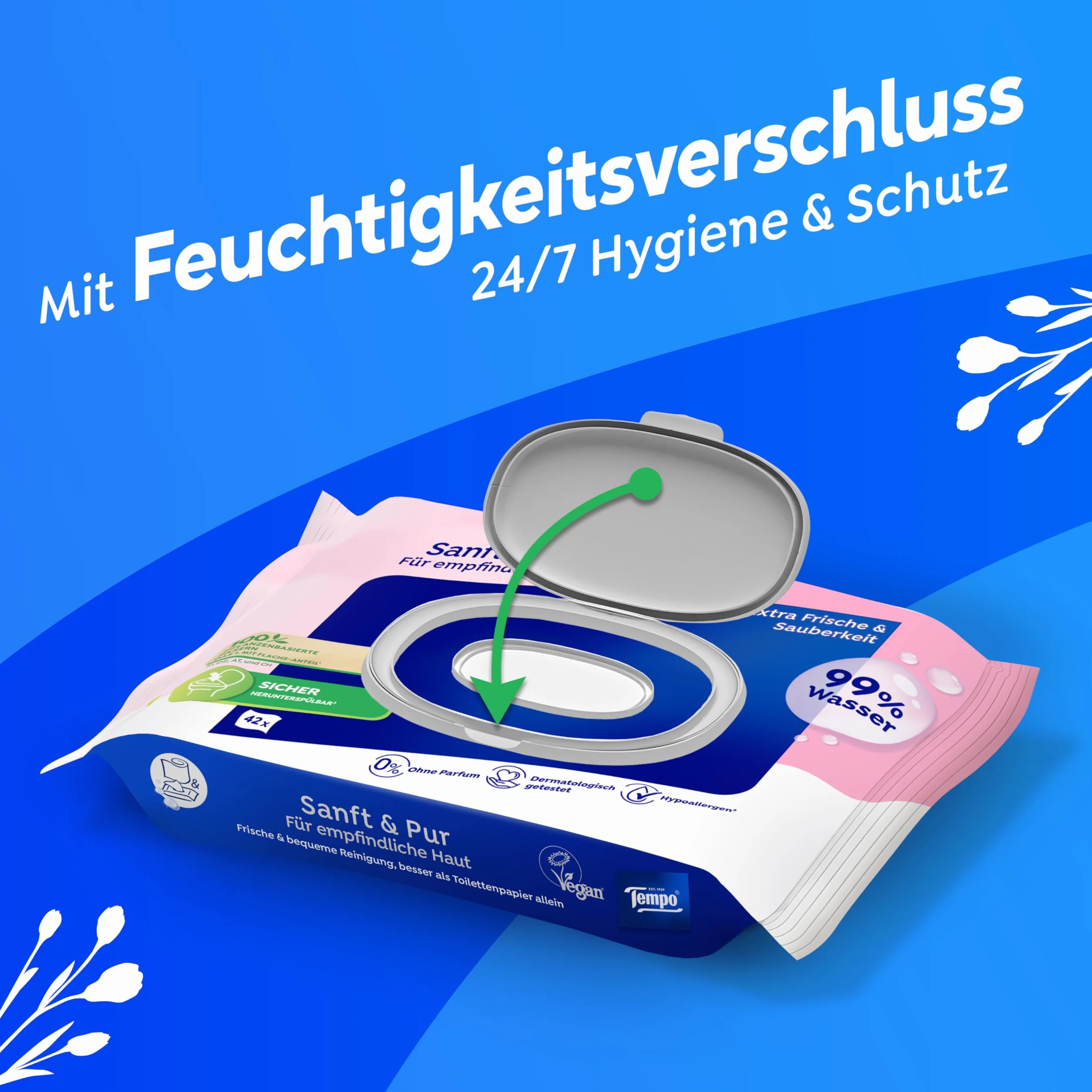 Tempo Wilgotne ściereczki toaletowe "Soft & Pur" - Megapack - 16 opakowań po 42 ściereczki - podwójne opakowania - wilgotny papier toaletowy, testowany dermatologicznie i neutralny dla skóry
