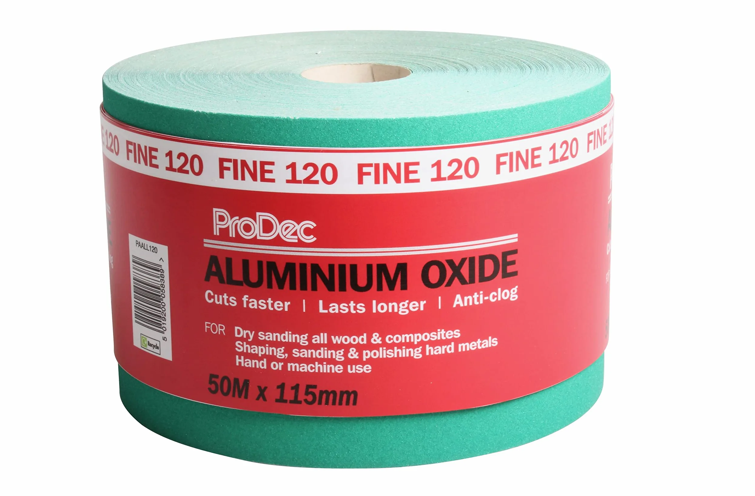 ProDec 50 m rolka 120 g drobnoziarnistego zielonego papieru ściernego z tlenku glinu do szlifowania drewna, farby, tynku, szpachli, metalu i innych materiałów, szerokość 115 mm