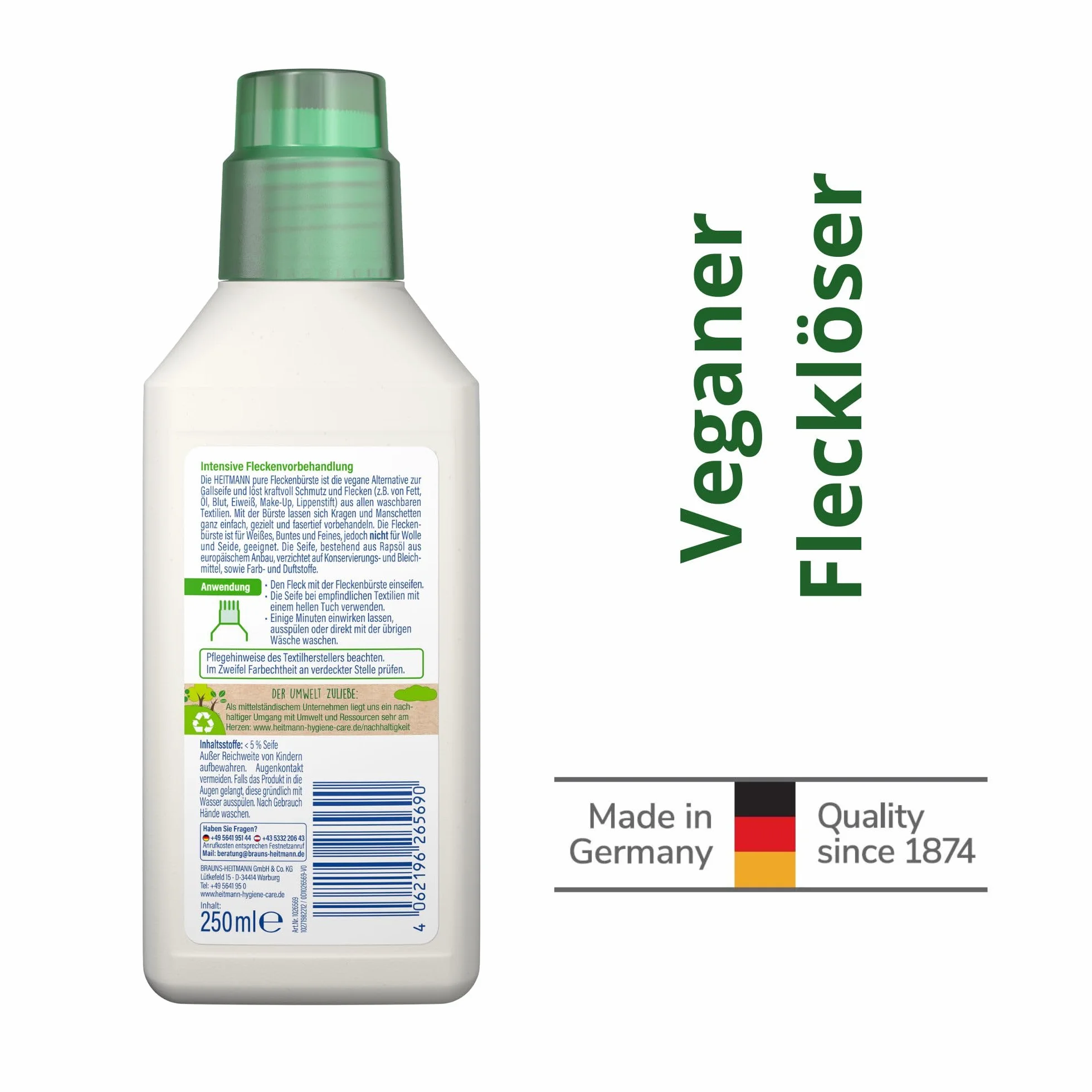HEITMANN pure Szczotka do usuwania plam, wegański środek do usuwania plam z praktyczną głowicą szczotki, idealna do kołnierza i mankietów, 250 ml