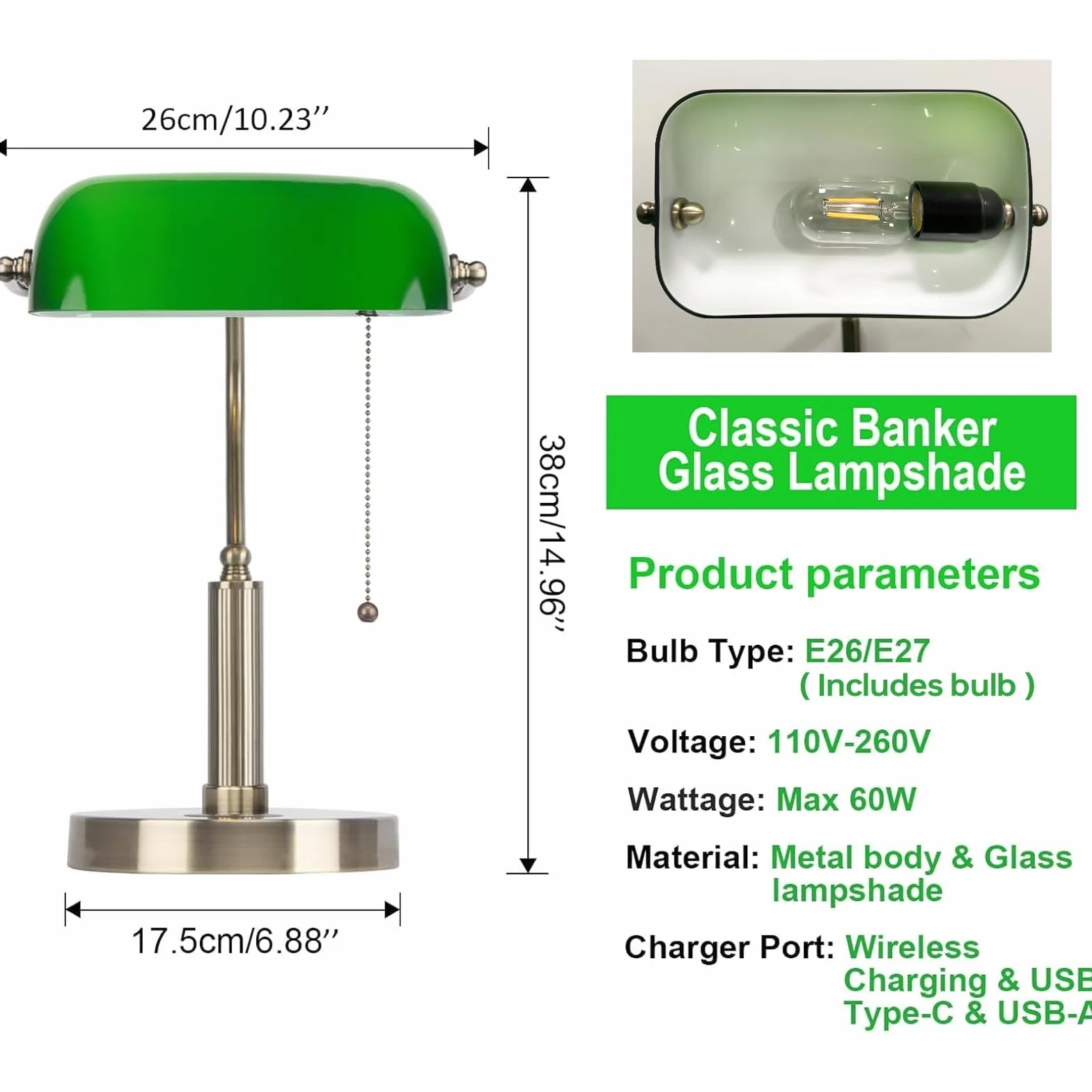 FIRVRE Bankers, zielona szklana lampka na biurko, stolik nocny, lampka z bezprzewodowym ładowaniem, port USB, vintage, mosiądz, łańcuch ciągnący, przełącznik, klasyczna lampa stołowa do domu, biura