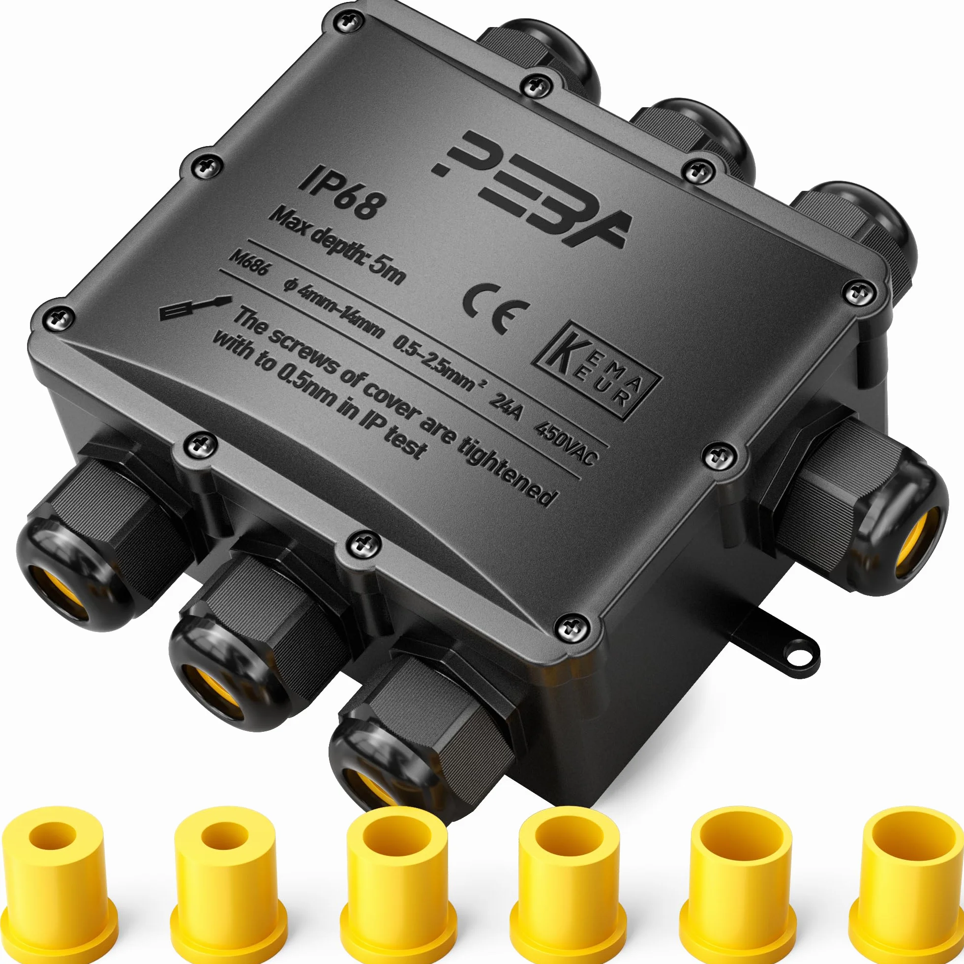 PEBA® Puszka przyłączeniowa, Zewnętrzna Wodoszczelna skrzynka rozgałęźna IP68 7-drożne Wodoodpornych puszek rozgałęźnych, Wodoodporne złącze kablowe,na Ø4-14mm ogrodu przyłączeniowa, Czarny