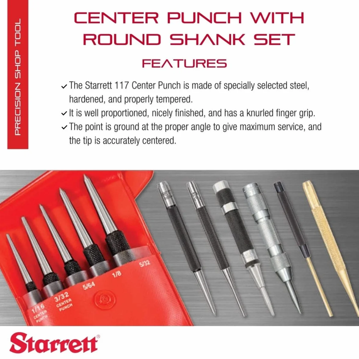 Starrett S117PC zestaw wykrawaczy środkowych, 1/16", 5/64", 3/32", 1/8", 5/32", w plastikowej obudowie