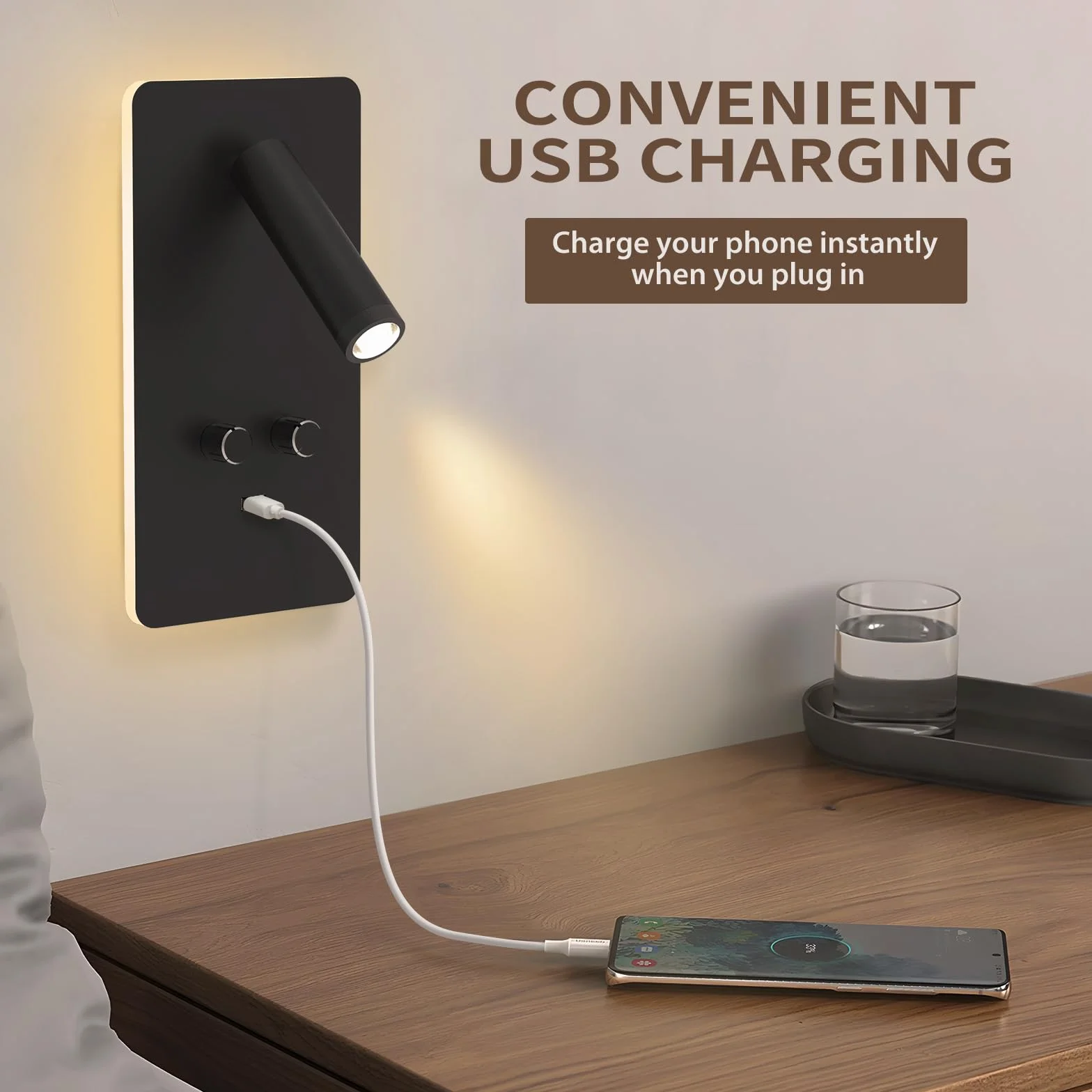 M04 Ścienna lampa do czytania z regulacją jasności (0,9-3,7W) - LED z podświetleniem 1,2-6W, port USB, do montażu na wtyczkę lub stałe podłączenie，Czarny