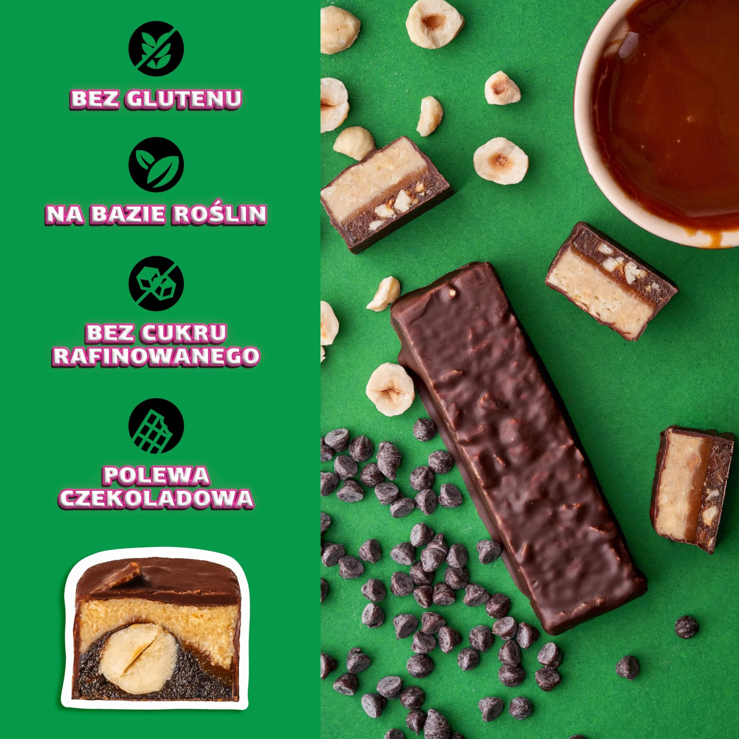 FIZI Czekoladowe Batony Wegańskie Orzech Laskowy i Karmel, W czekoladowej polewie, Na bazie roślin, Bez rafinowanego cukru, Bez glutenu, Bez GMO, Bez laktozy, Idealna przekąska w podróży (10x45g)