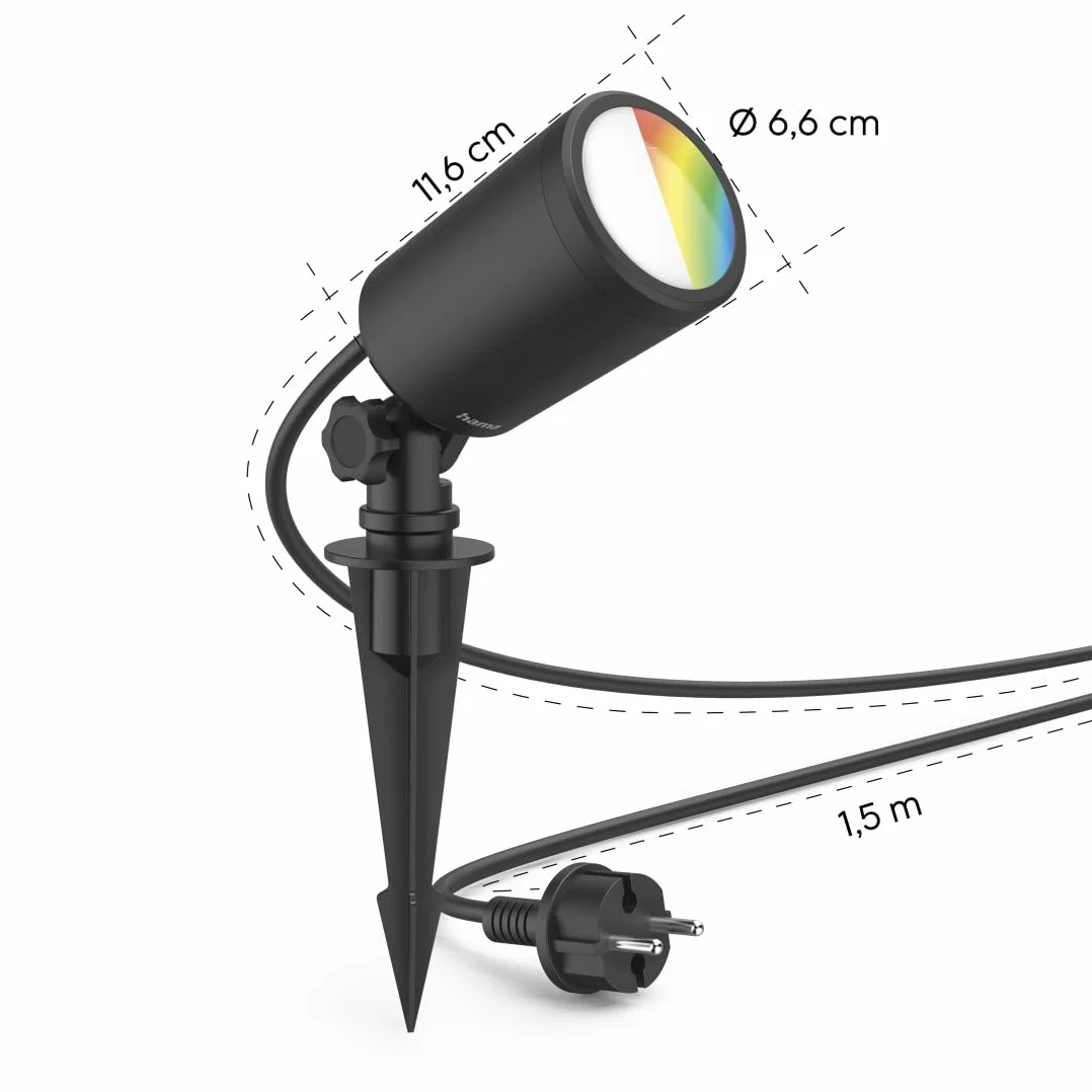Hama lampa ogrodowa Wi-Fi (WiFi, WLAN, kolory RGB, wodoodporna, inteligentne oświetlenie, multi colour, ciepła biel, 7 W, 450 lumenów, IP65) czarna