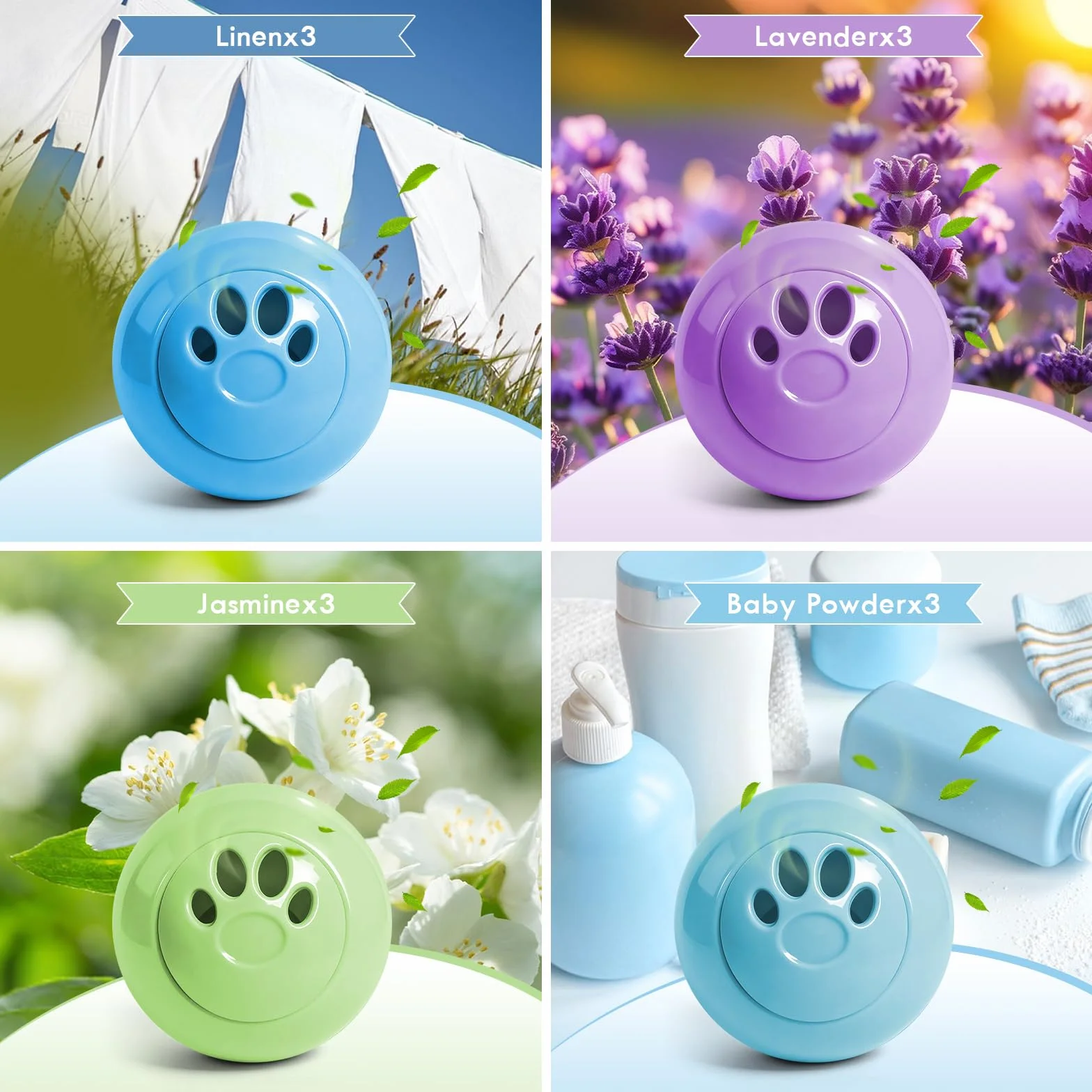 Kulki dezodoryzujące Scent-Hi – do butów, torb, domu, biura i auta; zapachy: pudrowy, jaśmin, lawenda, lniany; 12 szt.
