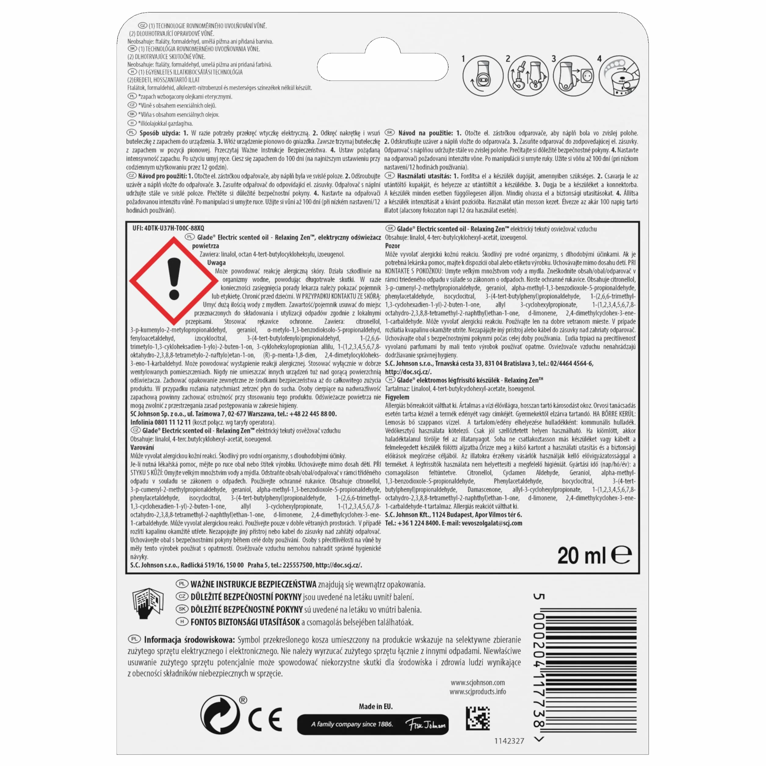 Glade Elektryczny Odświeżacz Powietrza, Glade Electric Scented Oil, o Zapachu Relaxing Zen, Urządzenie z Wkładem, Długotrwały Zapach, 20 ml