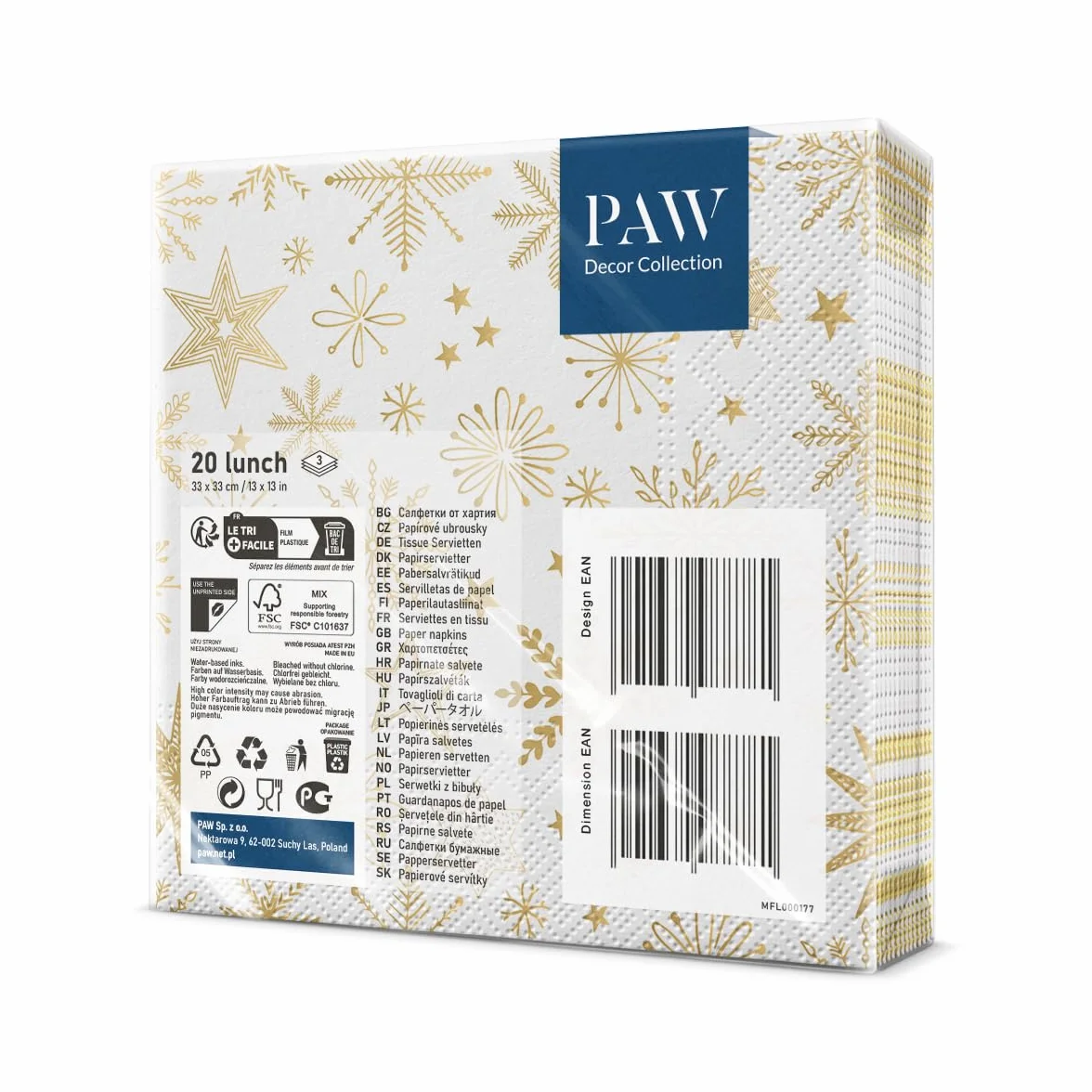 PAW - Serwetki 3-warstwowe (33 x 33 cm) I 20 sztuk I Idealne na Boże Narodzenie, zimę, święta, Wigilia, dekoracja stołu, zimowe serwetki papierowe - błyszczące płatki śniegu I Shiny Snowflakes