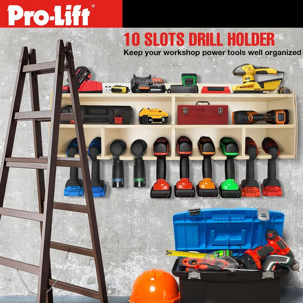 Pro-Lift Organizer na wiertarkę akumulatorową – stojak do przechowywania elektronarzędzi ściennych, 10 przegródek do zawieszenia, drewniany M-005W