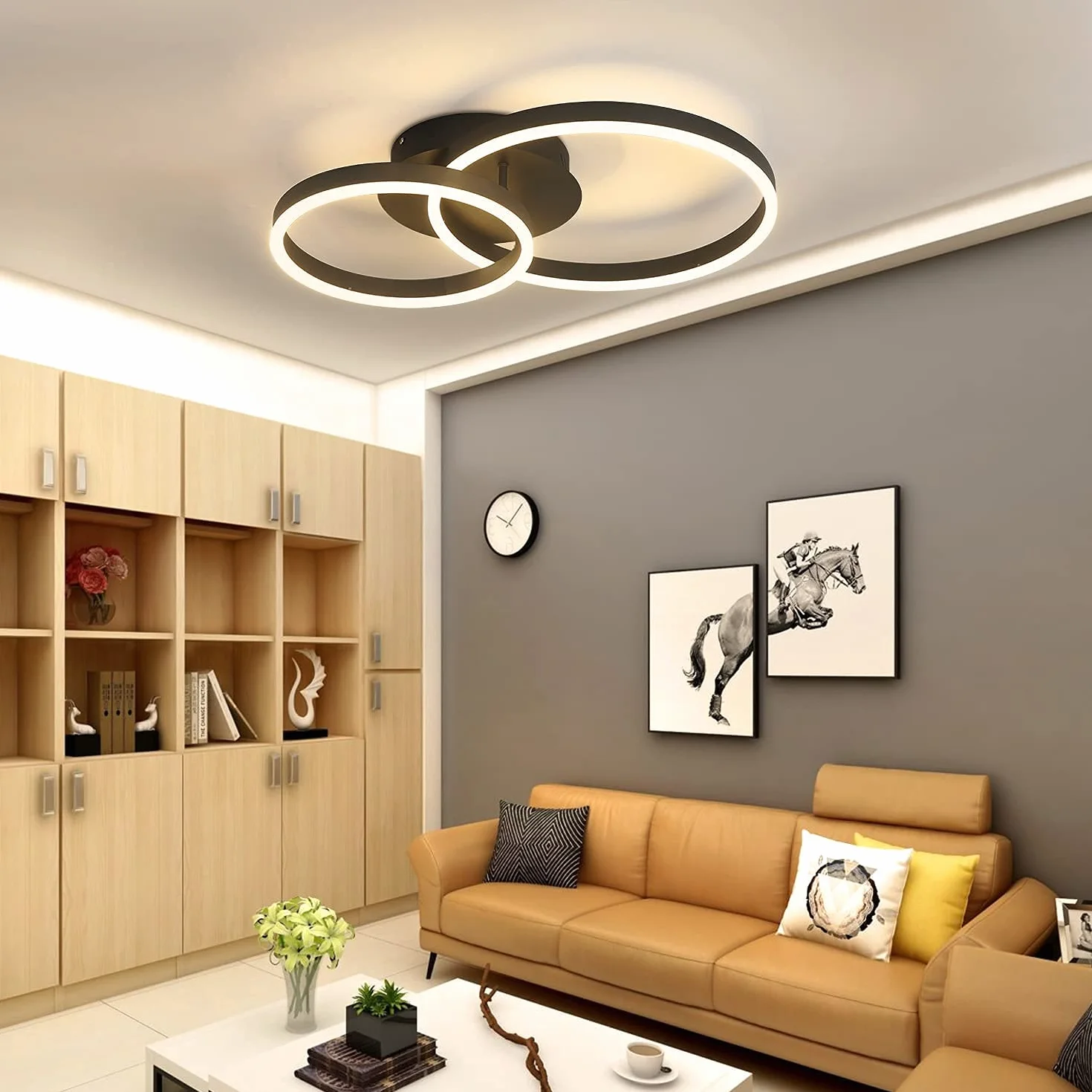 ZMH Lampa Sufitowa LED Ściemniana, Czarna, Nowoczesna, 46 W, 2 Pierścienie, Do Salonu, Sypialni, Gabinetu, Biura, Kuchni, Hotelu, Restauracji, Jadalni, 59 x 40 x